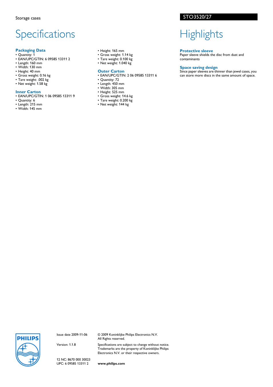 Specifications, Highlights | Philips STO3520-27 User Manual | Page 2 / 2