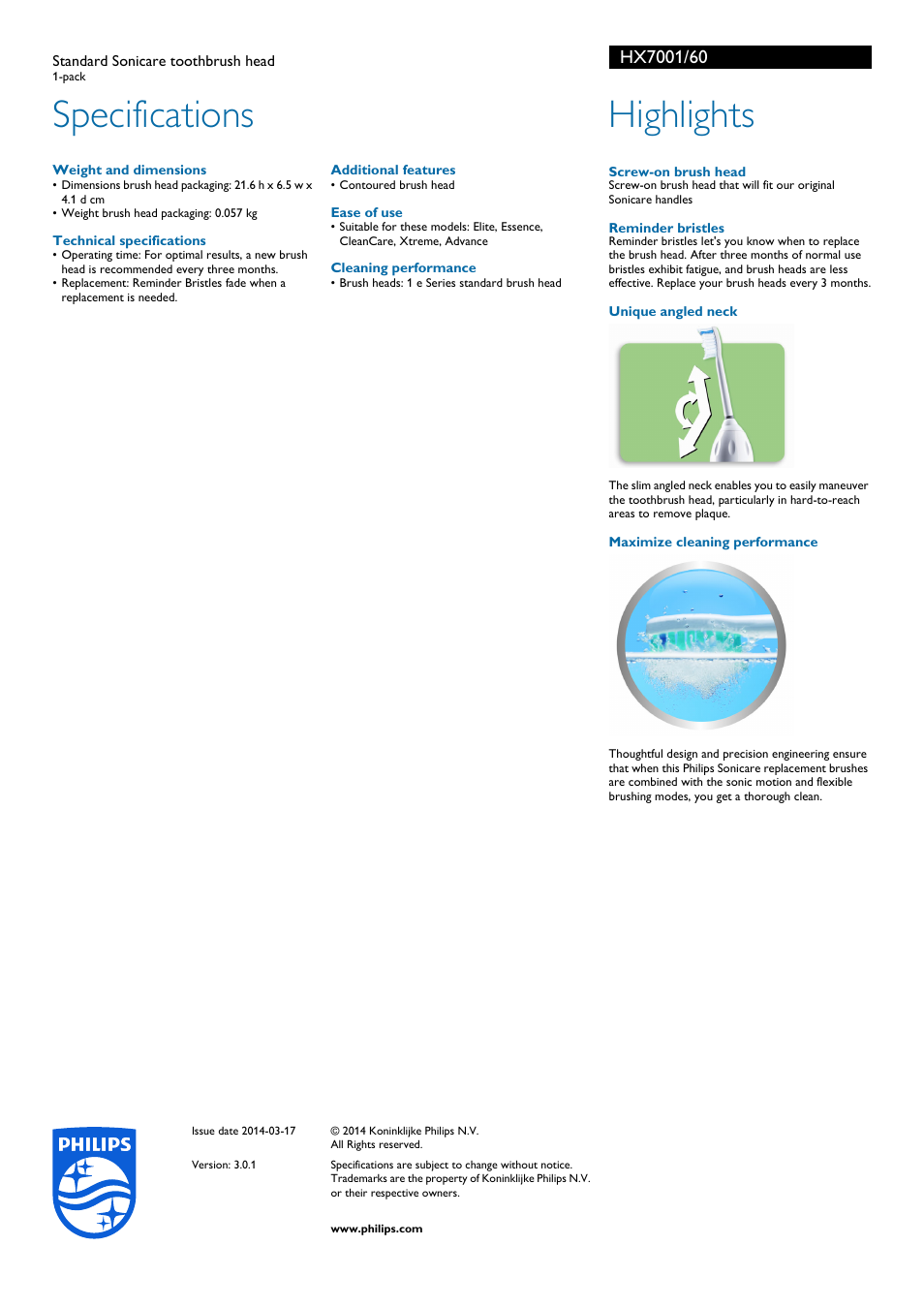 Specifications, Highlights | Philips HX7001-60 User Manual | Page 2 / 2