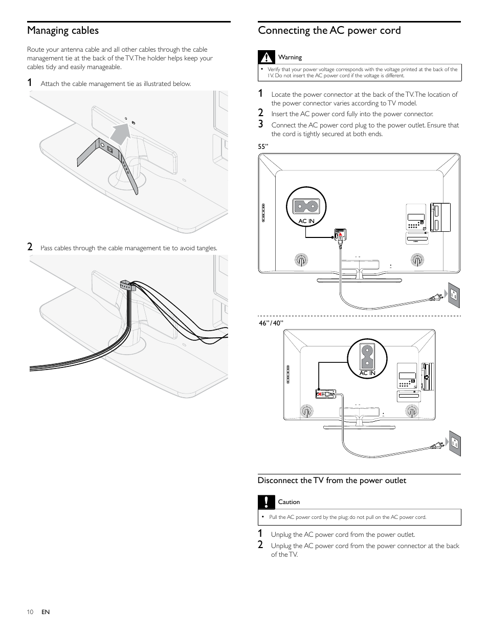 Managing cables, Connecting the ac power cord | Philips 46PFL4706-F7 User Manual | Page 11 / 54