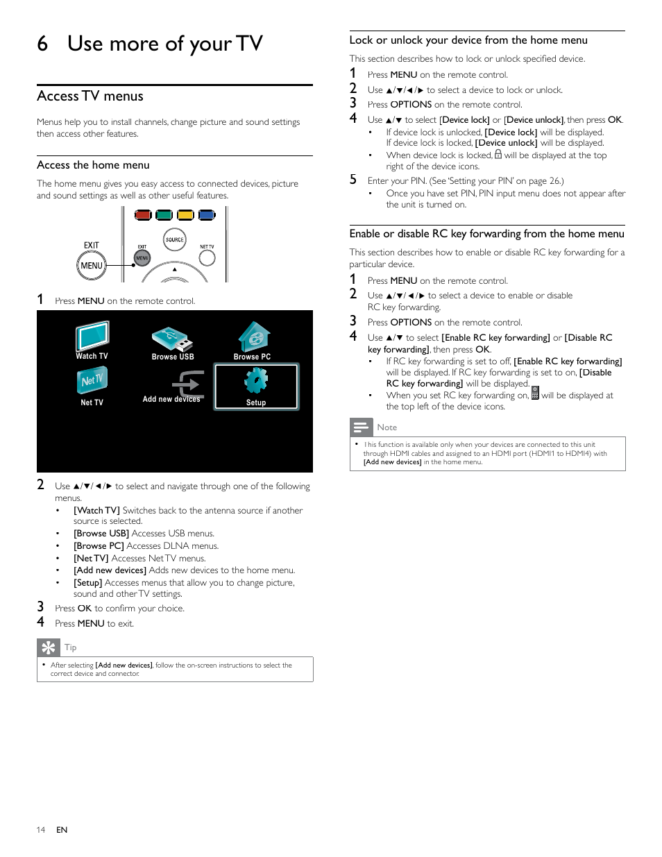 6 use more of your tv, Access tv menus | Philips 46PFL4706-F7 User Manual | Page 15 / 54