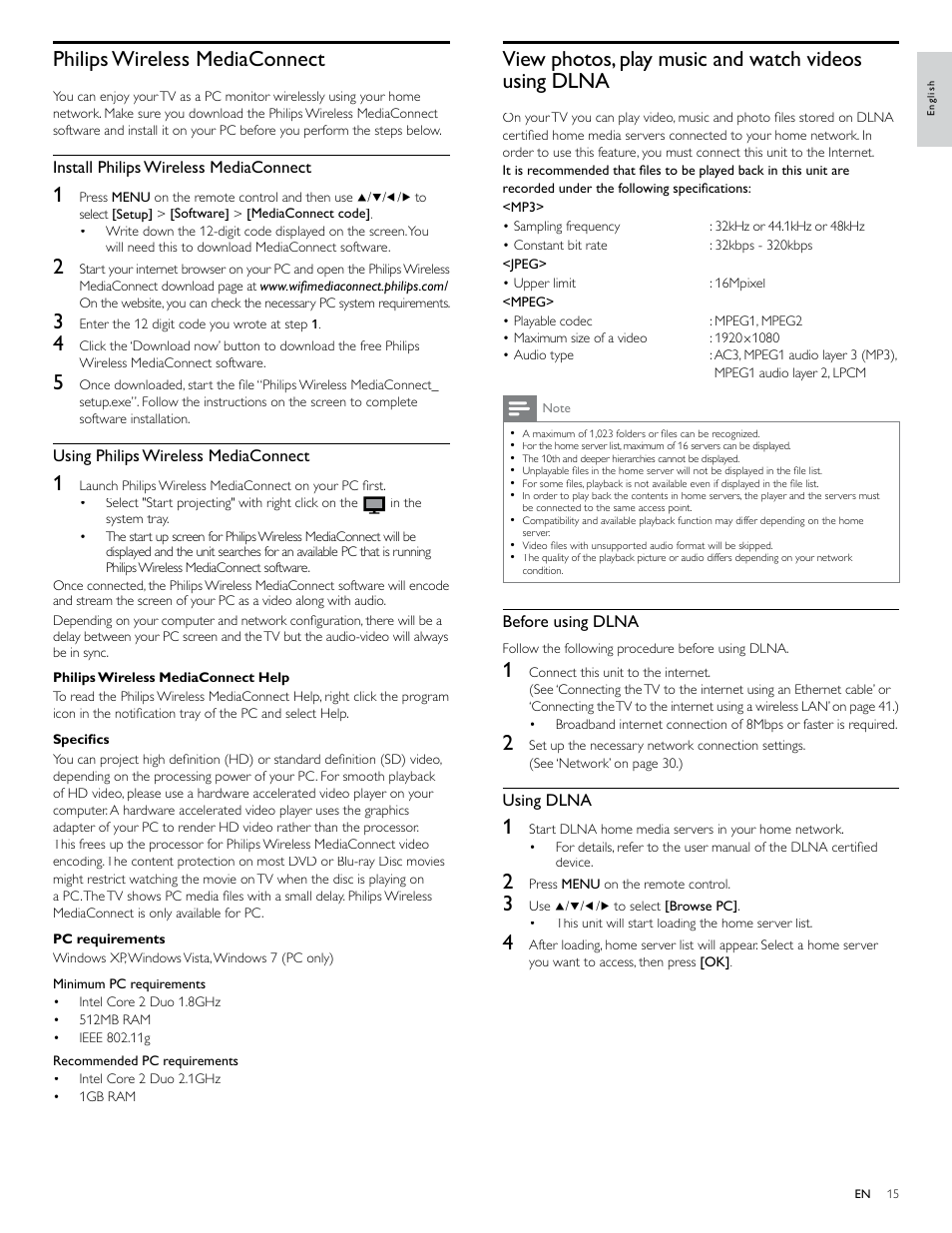 Philips wireless mediaconnect, View photos, play music and watch videosusing dlna | Philips 46PFL4706-F7 User Manual | Page 16 / 54