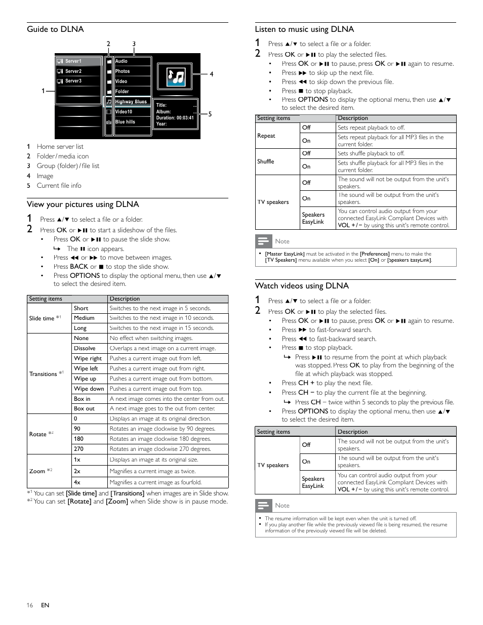 Listen to music using dlna, Watch videos using dlna, Guide to dlna | View your pictures using dlna | Philips 46PFL4706-F7 User Manual | Page 17 / 54