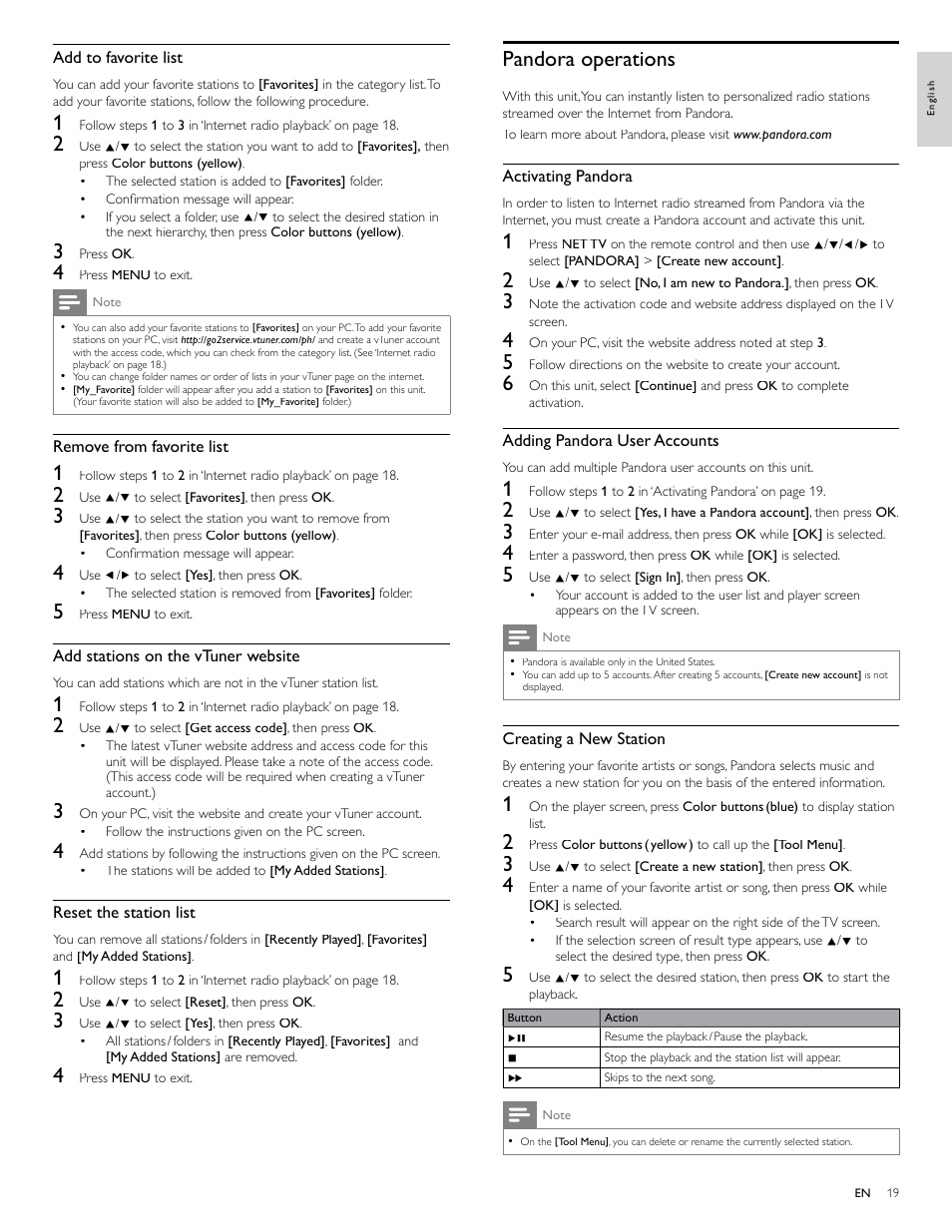 Pandora operations | Philips 46PFL4706-F7 User Manual | Page 20 / 54