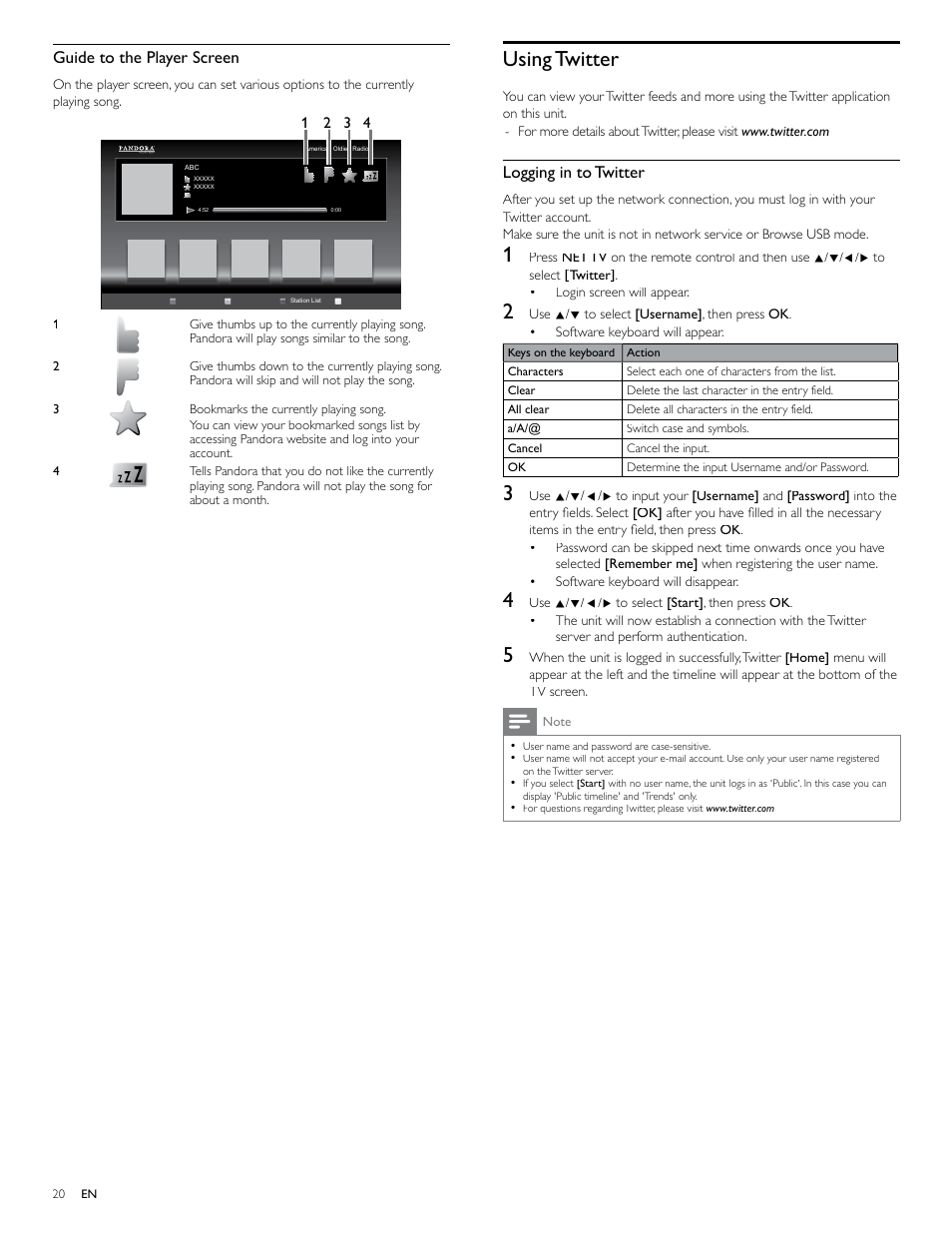 Using twitter, Logging in to twitter, Guide to the player screen | Philips 46PFL4706-F7 User Manual | Page 21 / 54