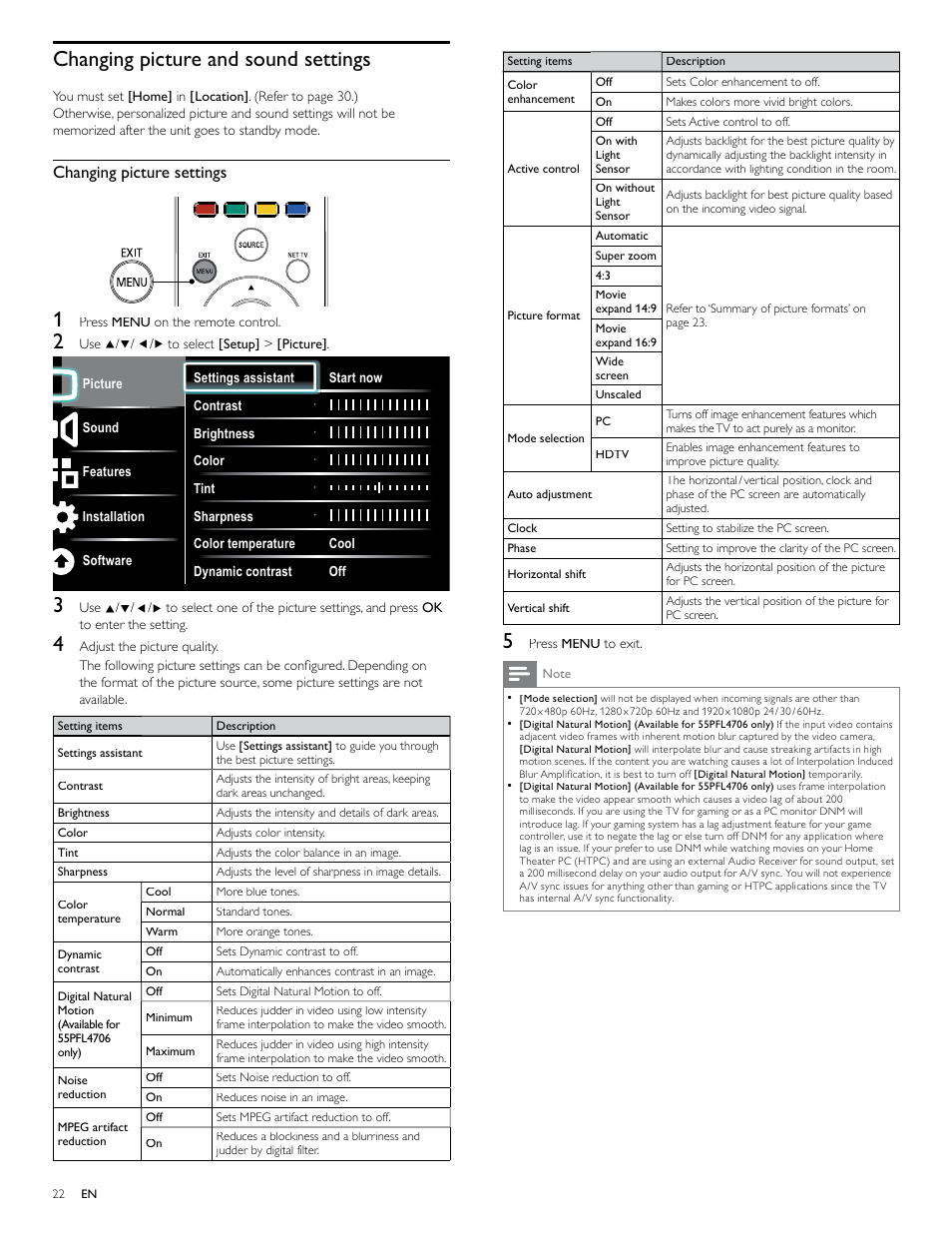 Changing picture and sound settings, Changing picture settings | Philips 46PFL4706-F7 User Manual | Page 23 / 54