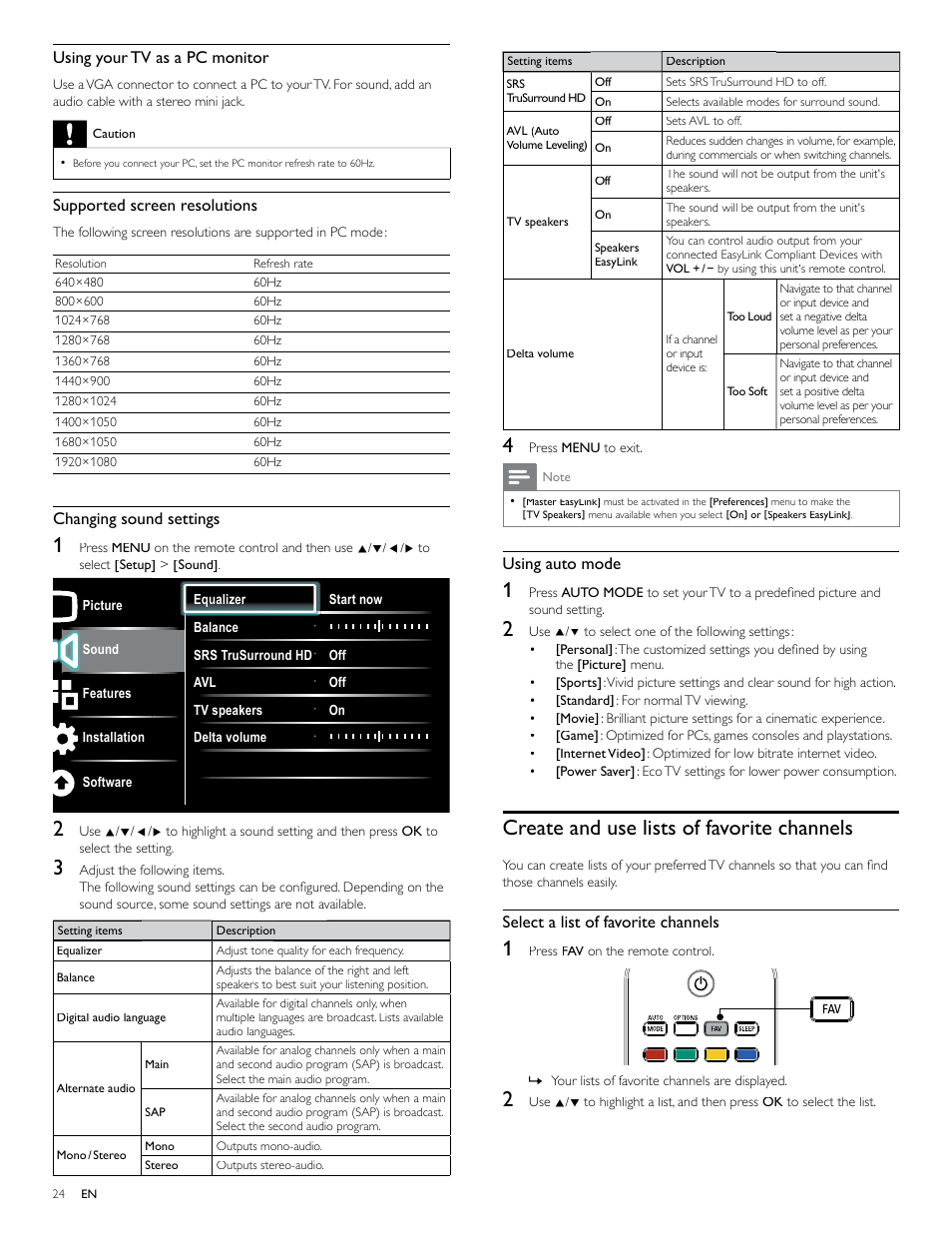 Create and use lists of favorite channels, Using auto mode, Select a list of favorite channels | Using your tv as a pc monitor, Supported screen resolutions, Changing sound settings | Philips 46PFL4706-F7 User Manual | Page 25 / 54