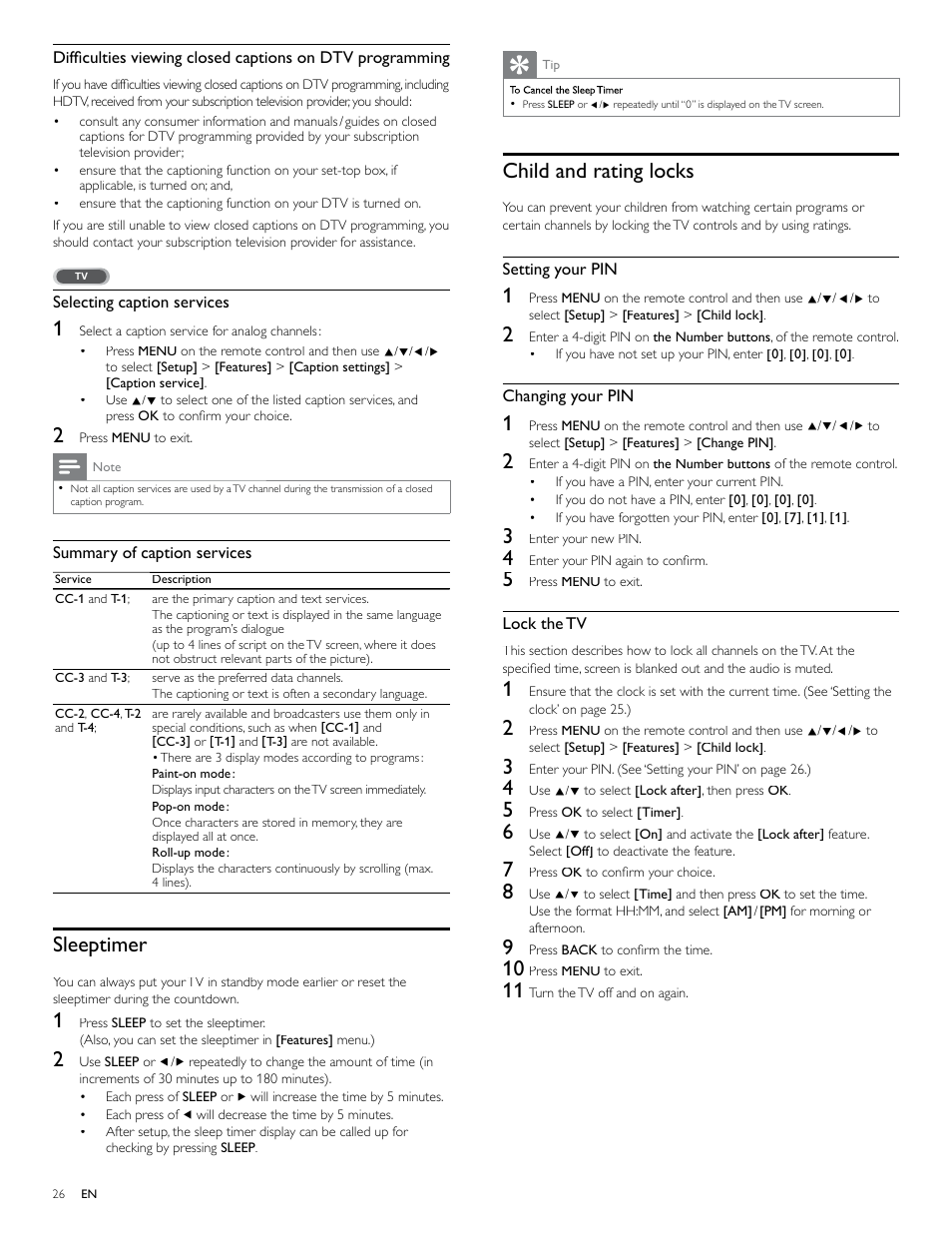 Sleeptimer, Child and rating locks | Philips 46PFL4706-F7 User Manual | Page 27 / 54