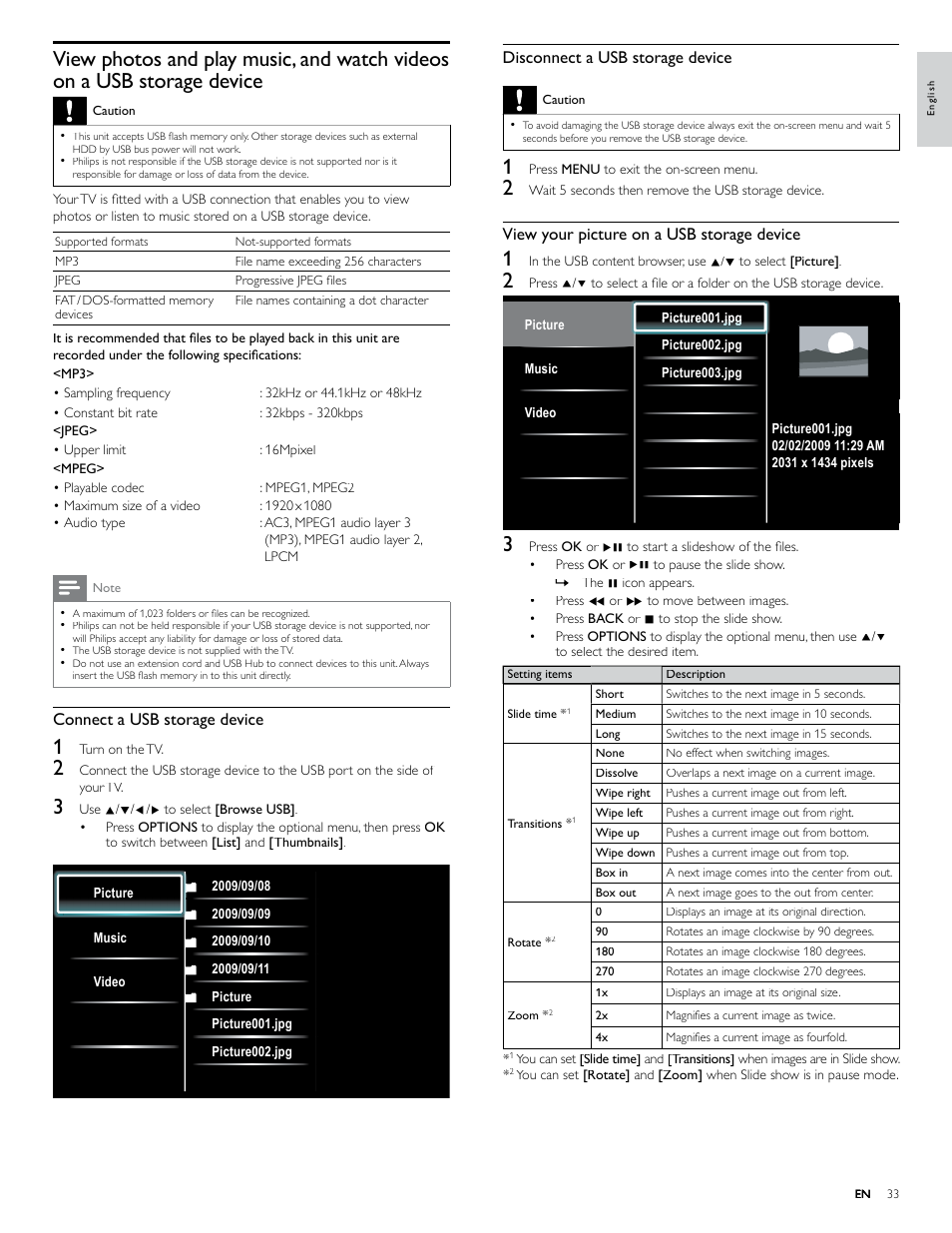 Disconnect a usb storage device, View your picture on a usb storage device, Connect a usb storage device | Philips 46PFL4706-F7 User Manual | Page 34 / 54