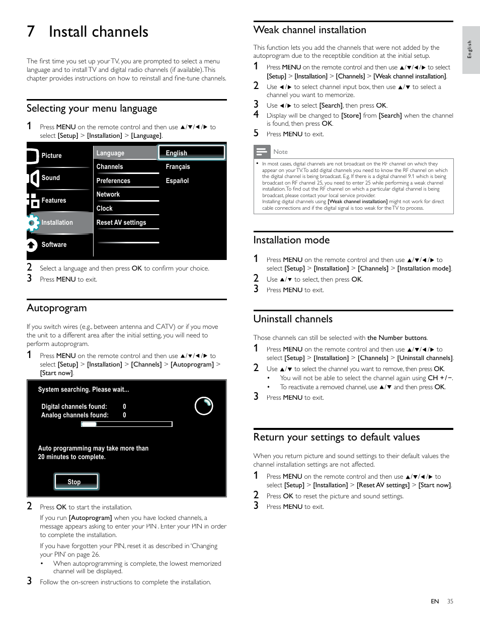 7 install channels, Selecting your menu language, Autoprogram | Weak channel installation, Installation mode, Uninstall channels, Return your settings to default values, Installation mode 1, Selecting your menu language 1 | Philips 46PFL4706-F7 User Manual | Page 36 / 54