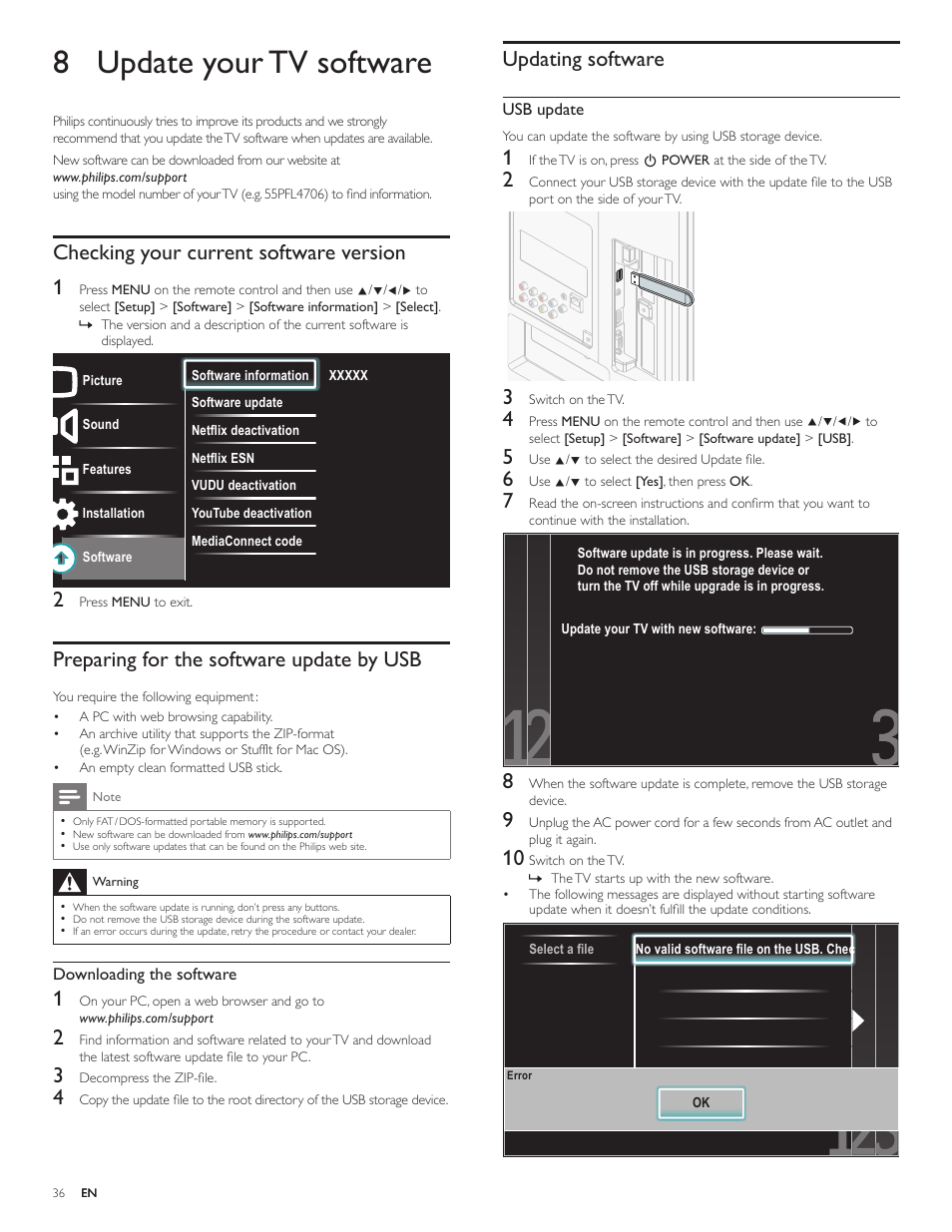8 update your tv software, Checking your current software version, Preparing for the software update by usb | Updating software, Checking your current software version 1 | Philips 46PFL4706-F7 User Manual | Page 37 / 54