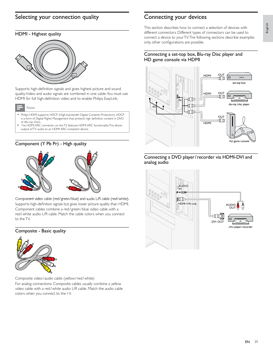 Selecting your connection quality, Connecting your devices, Hdmi - highest quality | Component (y pb pr) - high quality, Composite - basic quality | Philips 46PFL4706-F7 User Manual | Page 40 / 54