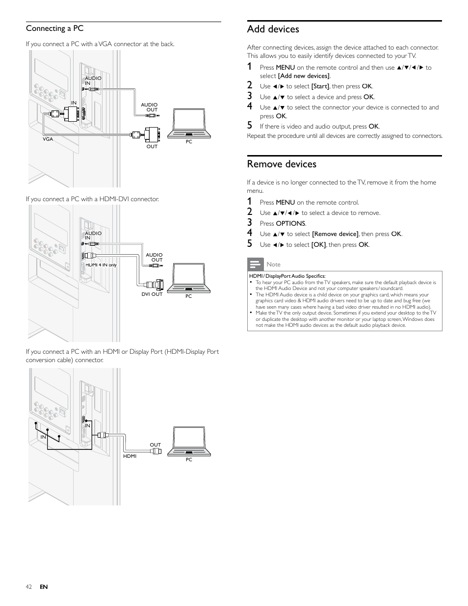 Add devic, Remove devices, Add devices | Connecting a pc | Philips 46PFL4706-F7 User Manual | Page 43 / 54