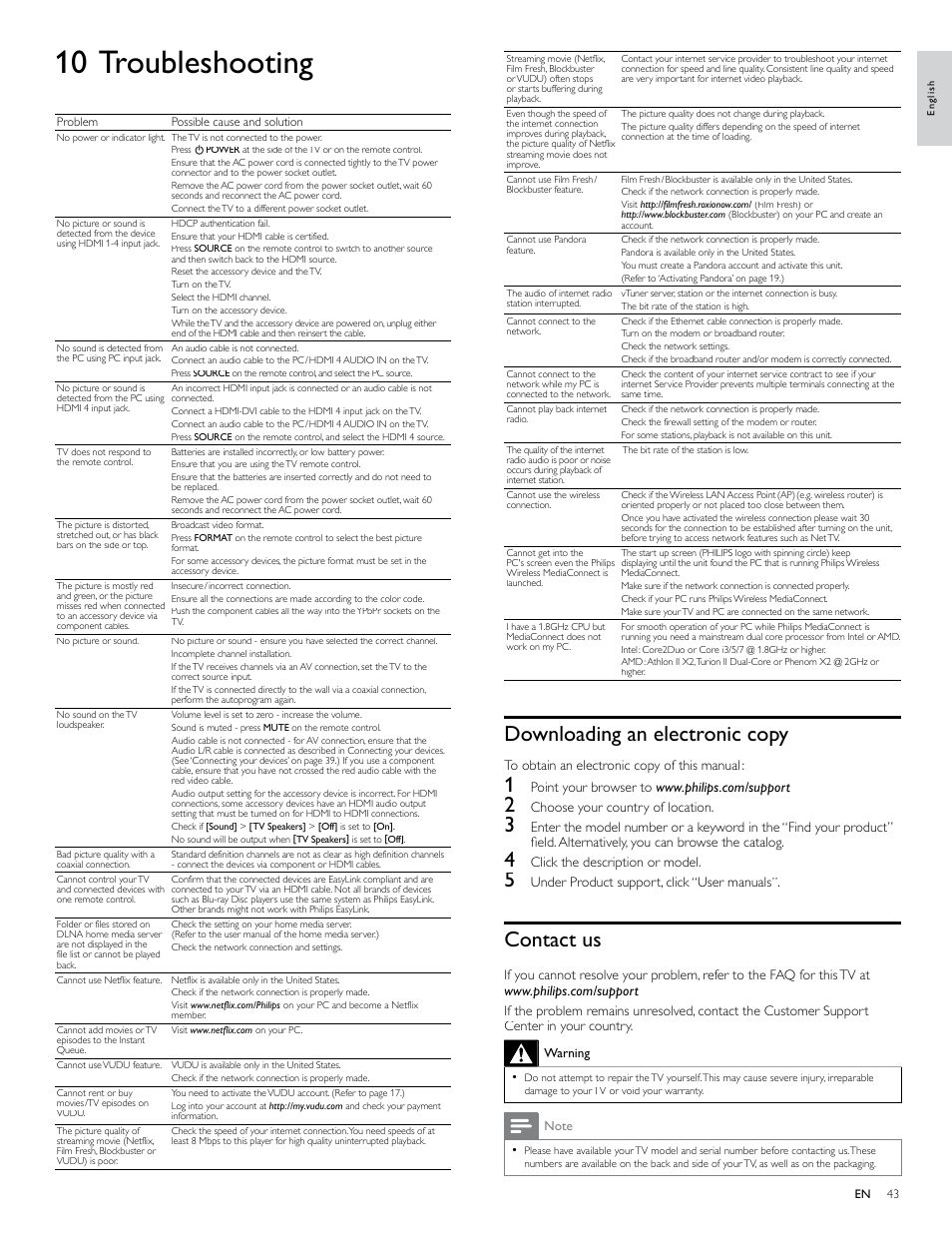 10 troubleshooting, Downloading an electronic copy, Contact us | Philips 46PFL4706-F7 User Manual | Page 44 / 54