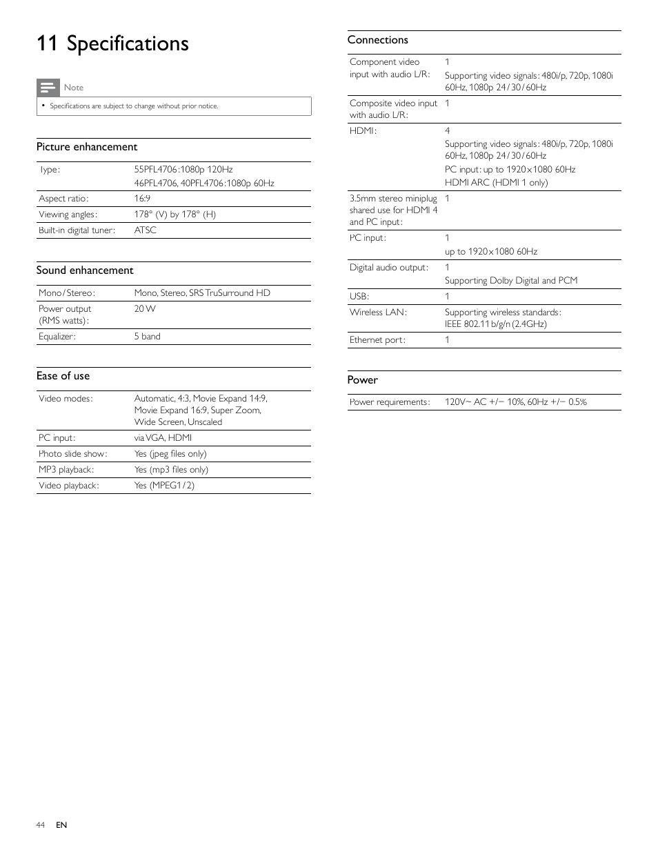 11 specifications | Philips 46PFL4706-F7 User Manual | Page 45 / 54
