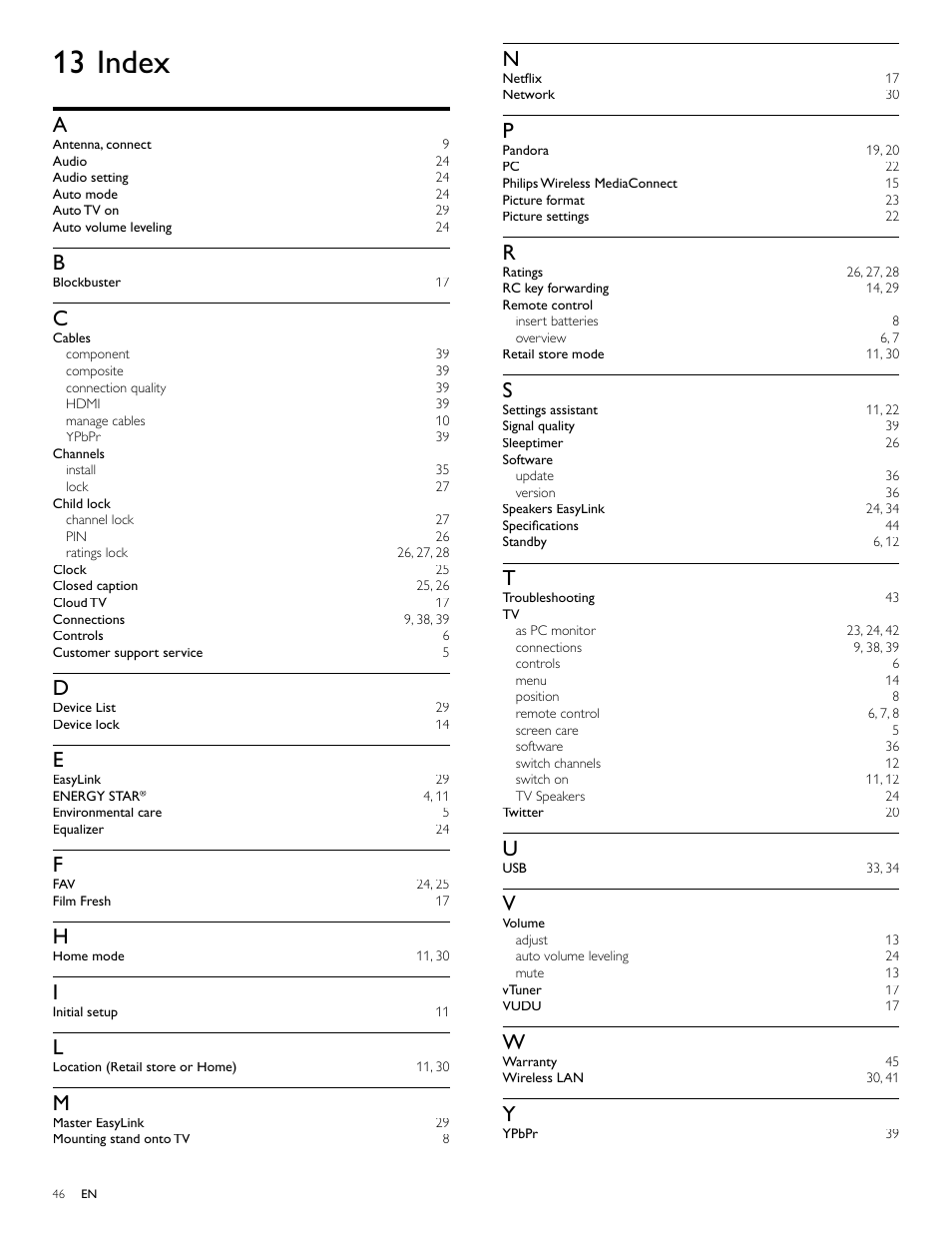 13 index | Philips 46PFL4706-F7 User Manual | Page 47 / 54