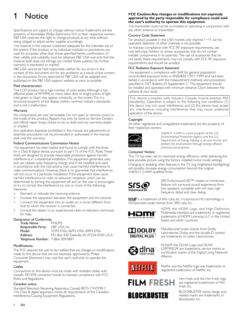 1 notice | Philips 46PFL4706-F7 User Manual | Page 5 / 54