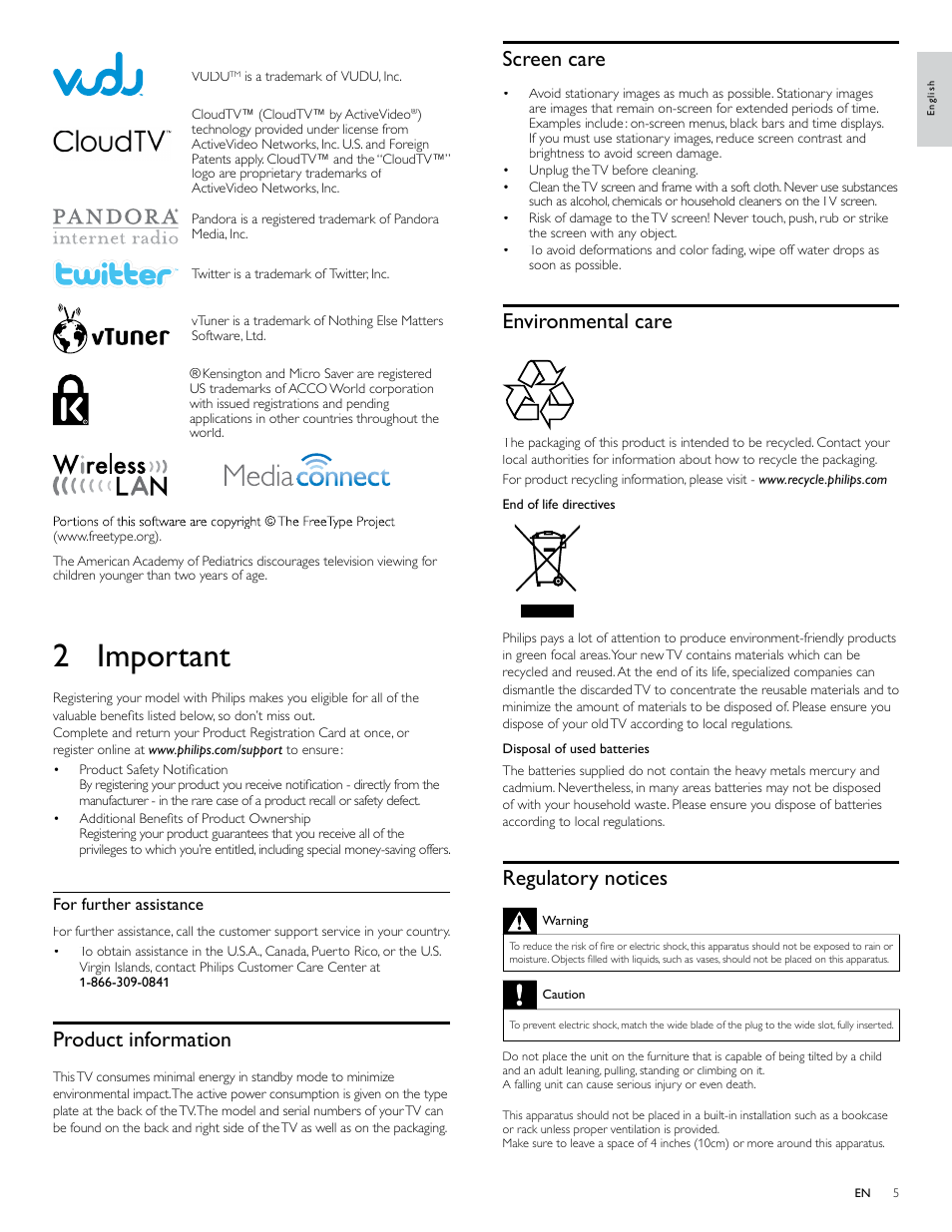 2 important, Product information, Screen care | Environmental care, Regulatory notices | Philips 46PFL4706-F7 User Manual | Page 6 / 54