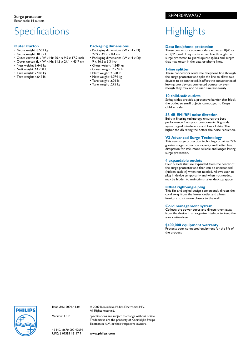 Specifications, Highlights | Philips SPP4304WA-37 User Manual | Page 2 / 2