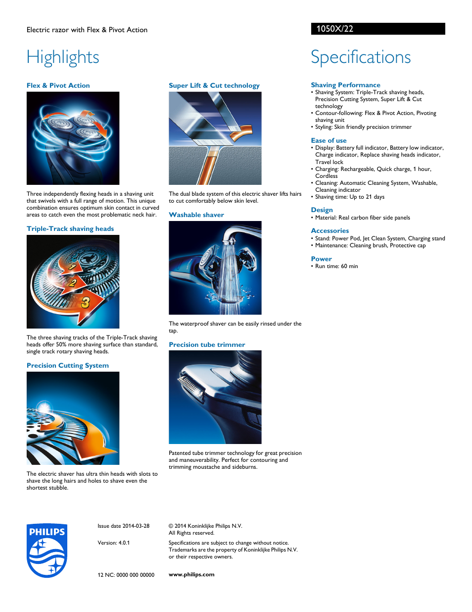 Highlights, Specifications | Philips 1050X-22 User Manual | Page 2 / 2