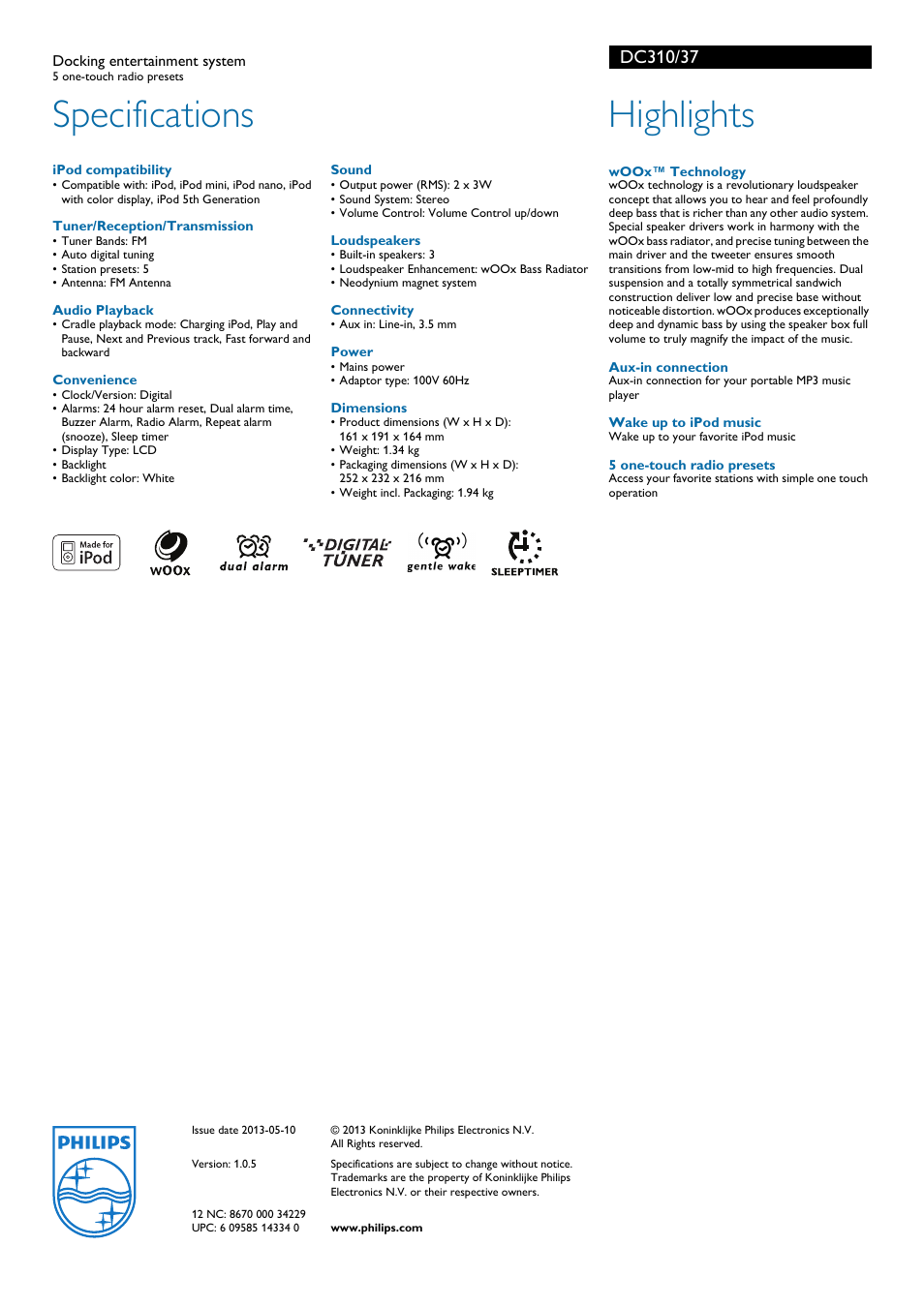 Specifications, Highlights | Philips DC310-37 User Manual | Page 2 / 2