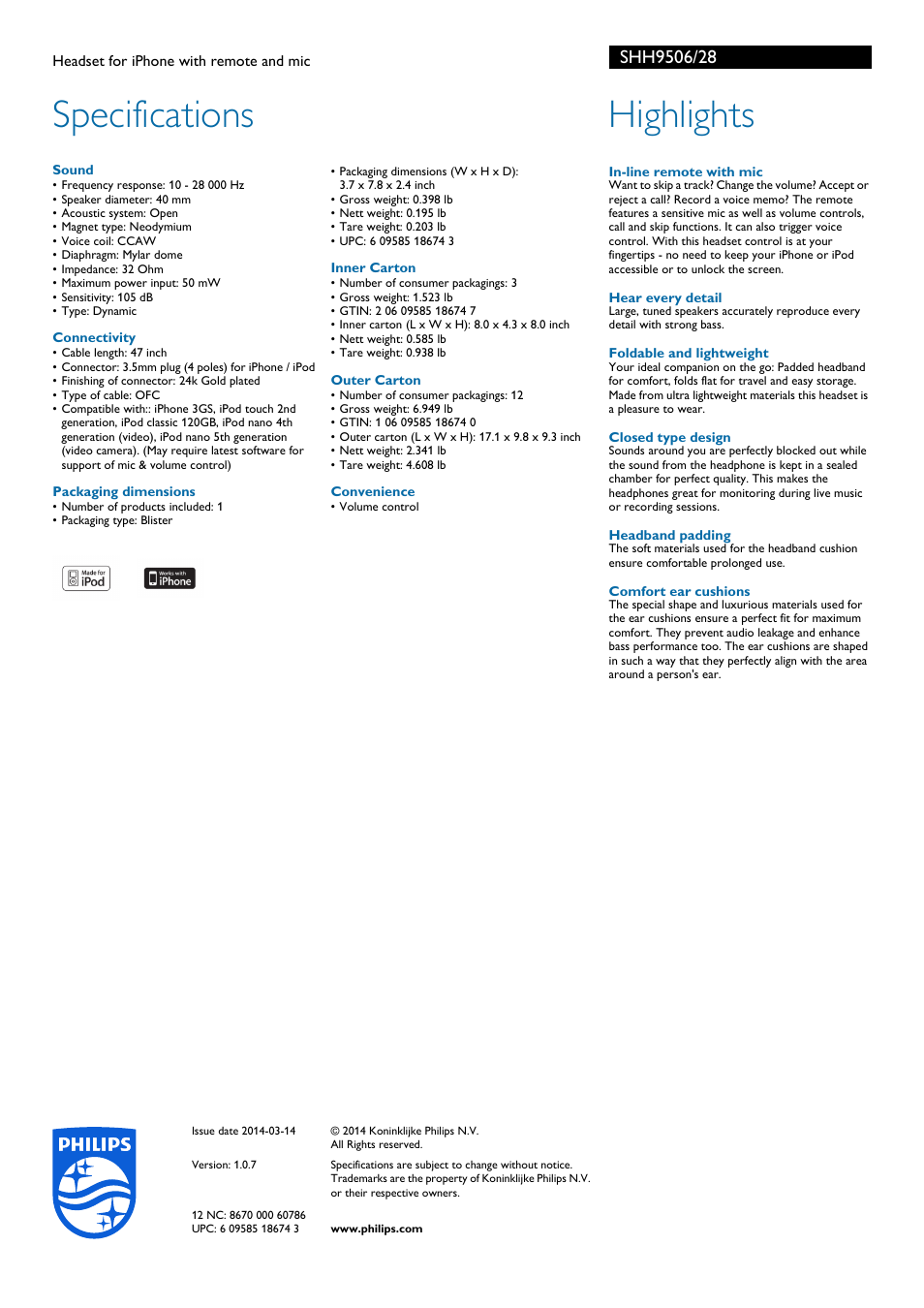 Specifications, Highlights | Philips SHH9506-28 User Manual | Page 2 / 2