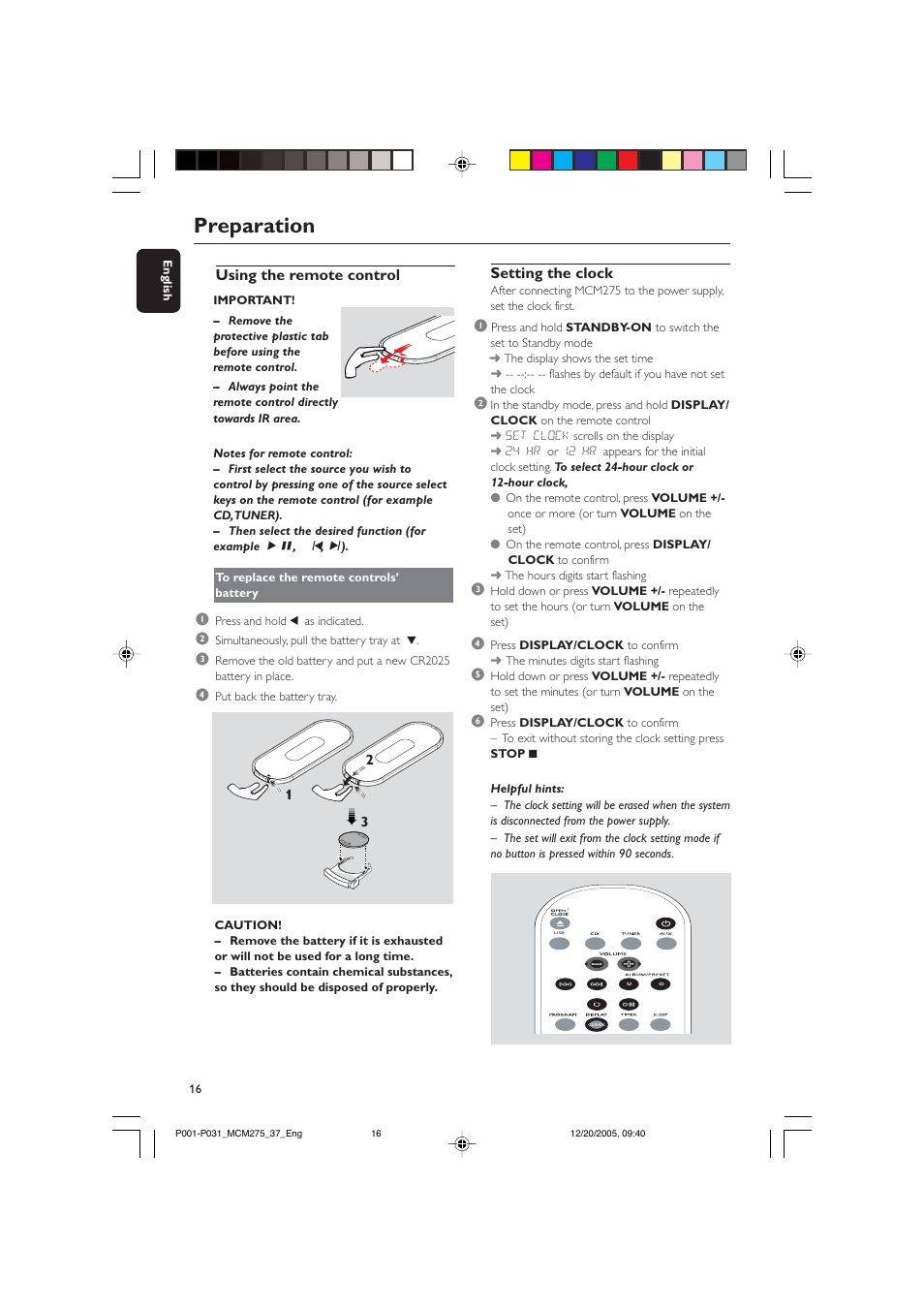 Preparation, Setting the clock, Using the remote control | Philips MCM275-37 User Manual | Page 16 / 31