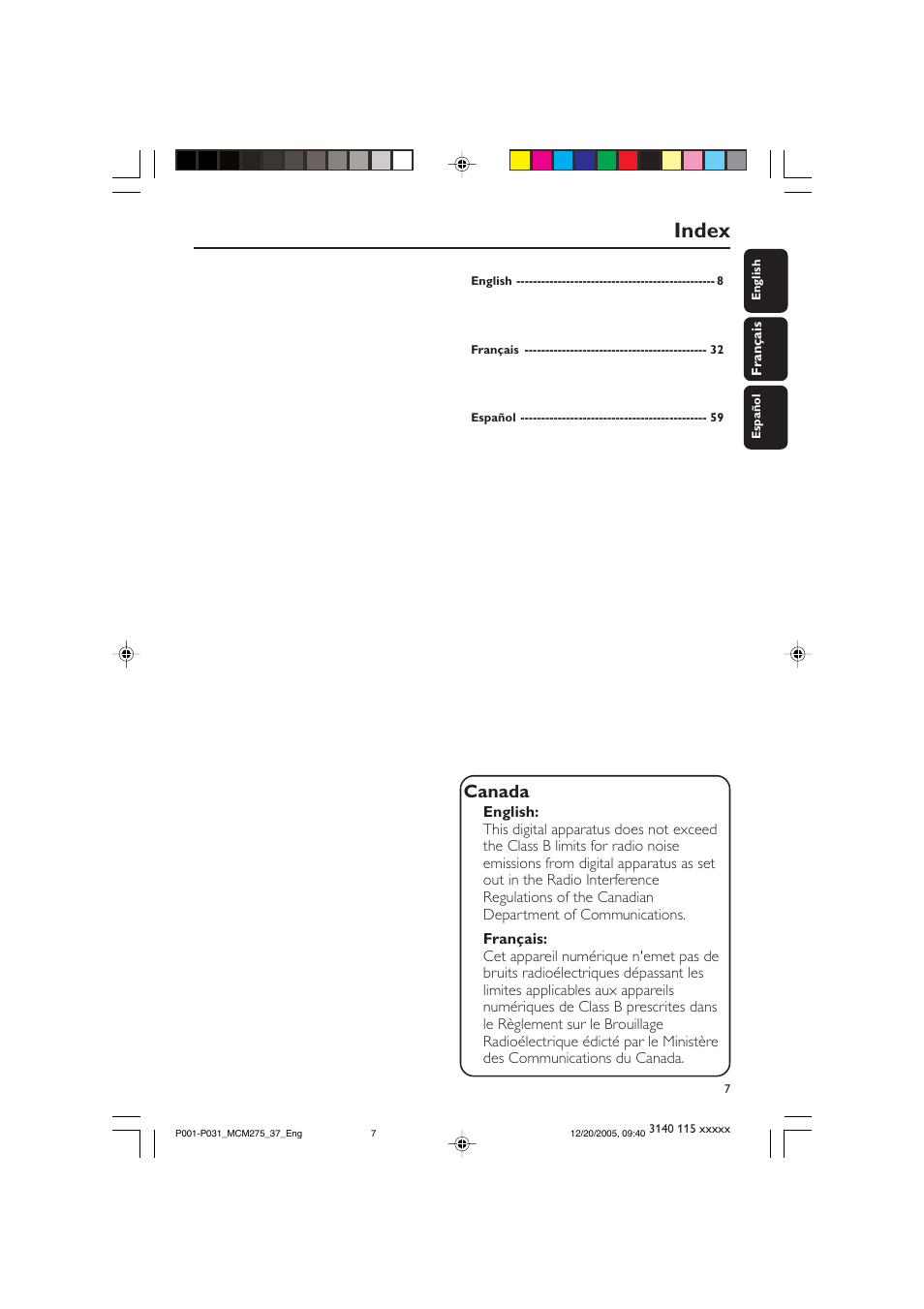 Index, Canada | Philips MCM275-37 User Manual | Page 7 / 31