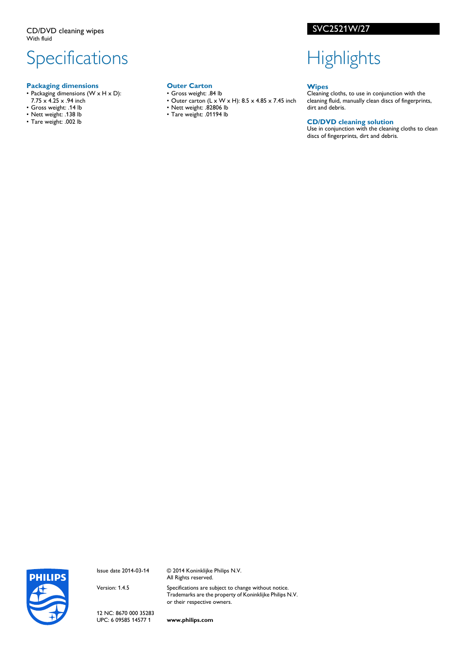 Specifications, Highlights | Philips SVC2521W-27 User Manual | Page 2 / 2