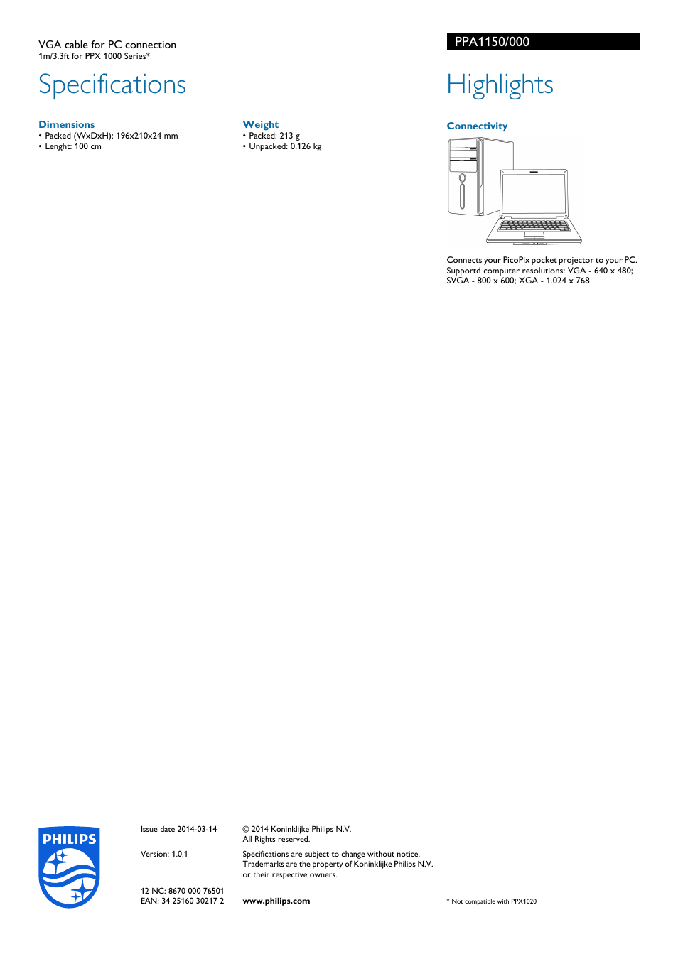 Specifications, Highlights | Philips PPA1150-000 User Manual | Page 2 / 2