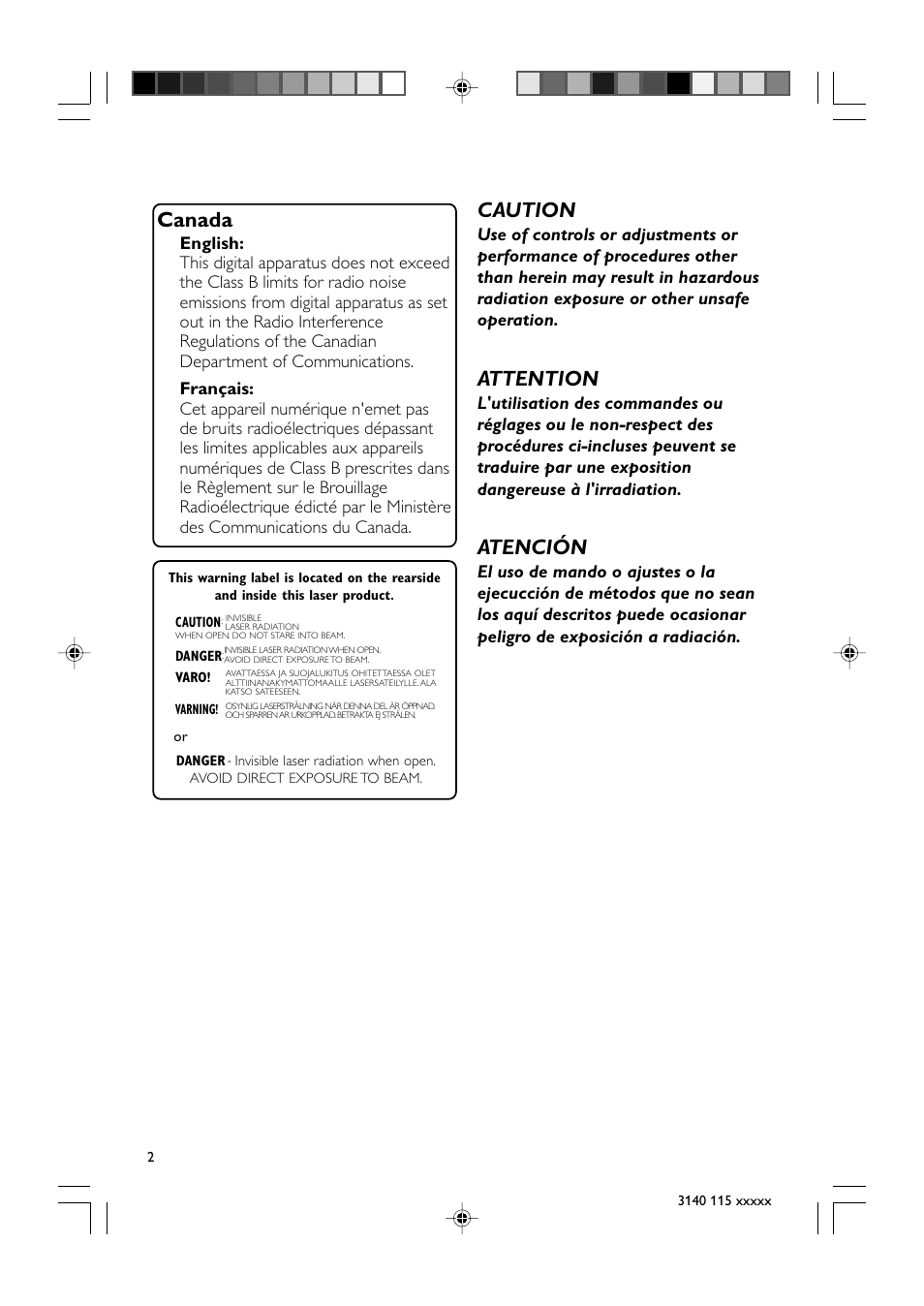 Canada, Caution, Attention | Atención | Philips MC235-37B User Manual | Page 2 / 20