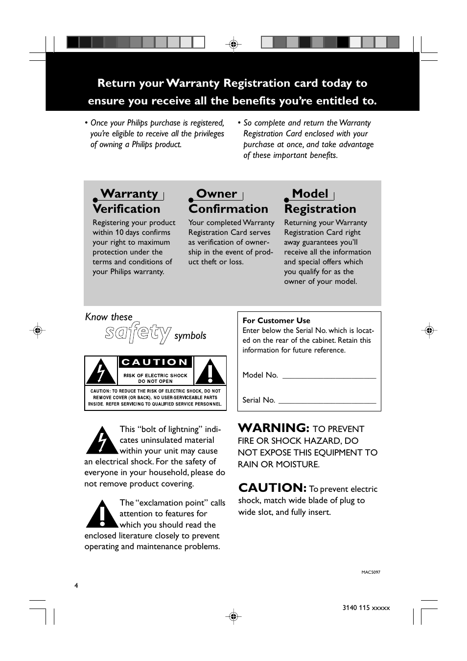 Safety, Warranty verification, Owner confirmation | Model registration, Warning, Caution | Philips MC235-37B User Manual | Page 4 / 20