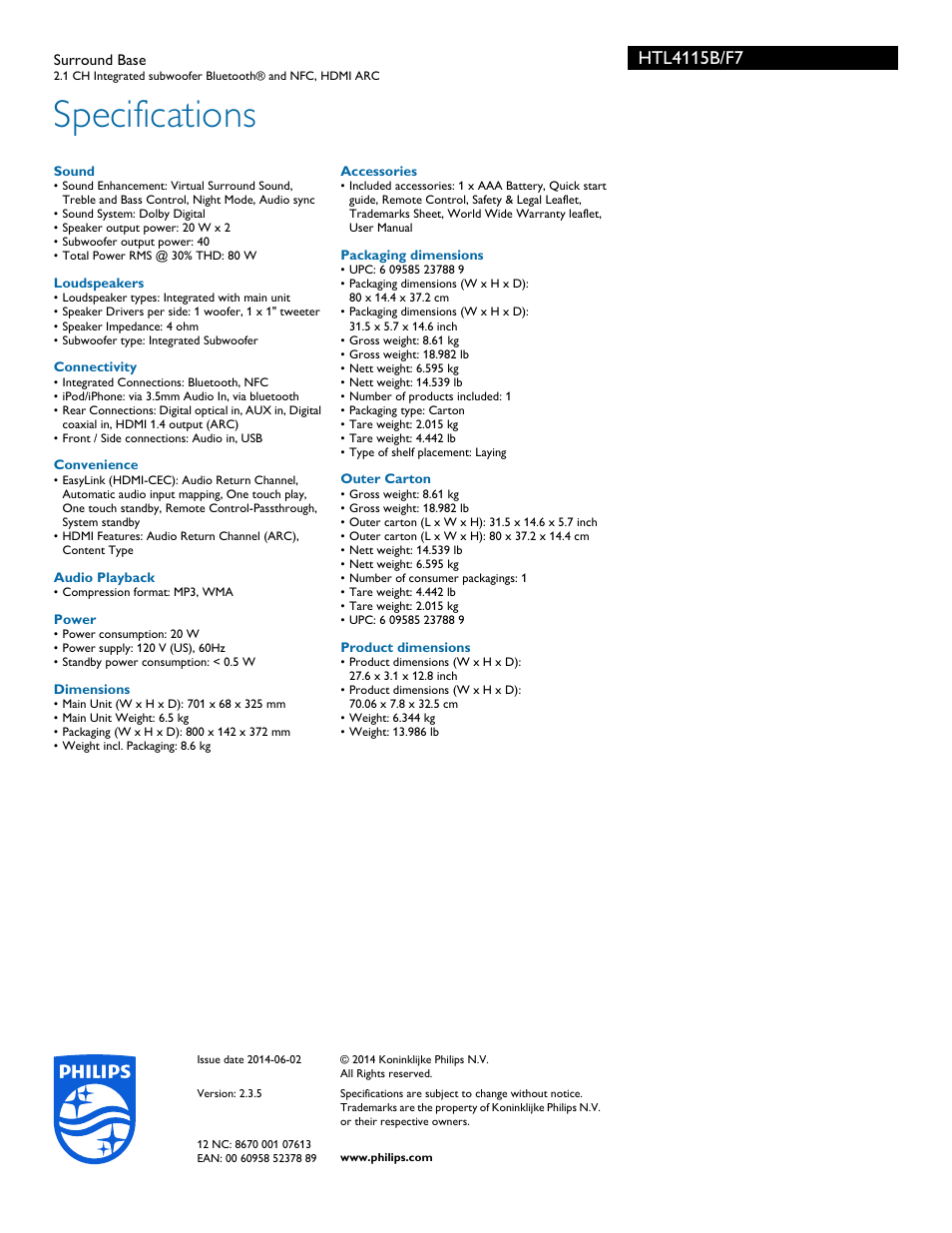 Specifications | Philips HTL4115B-F7 User Manual | Page 3 / 3