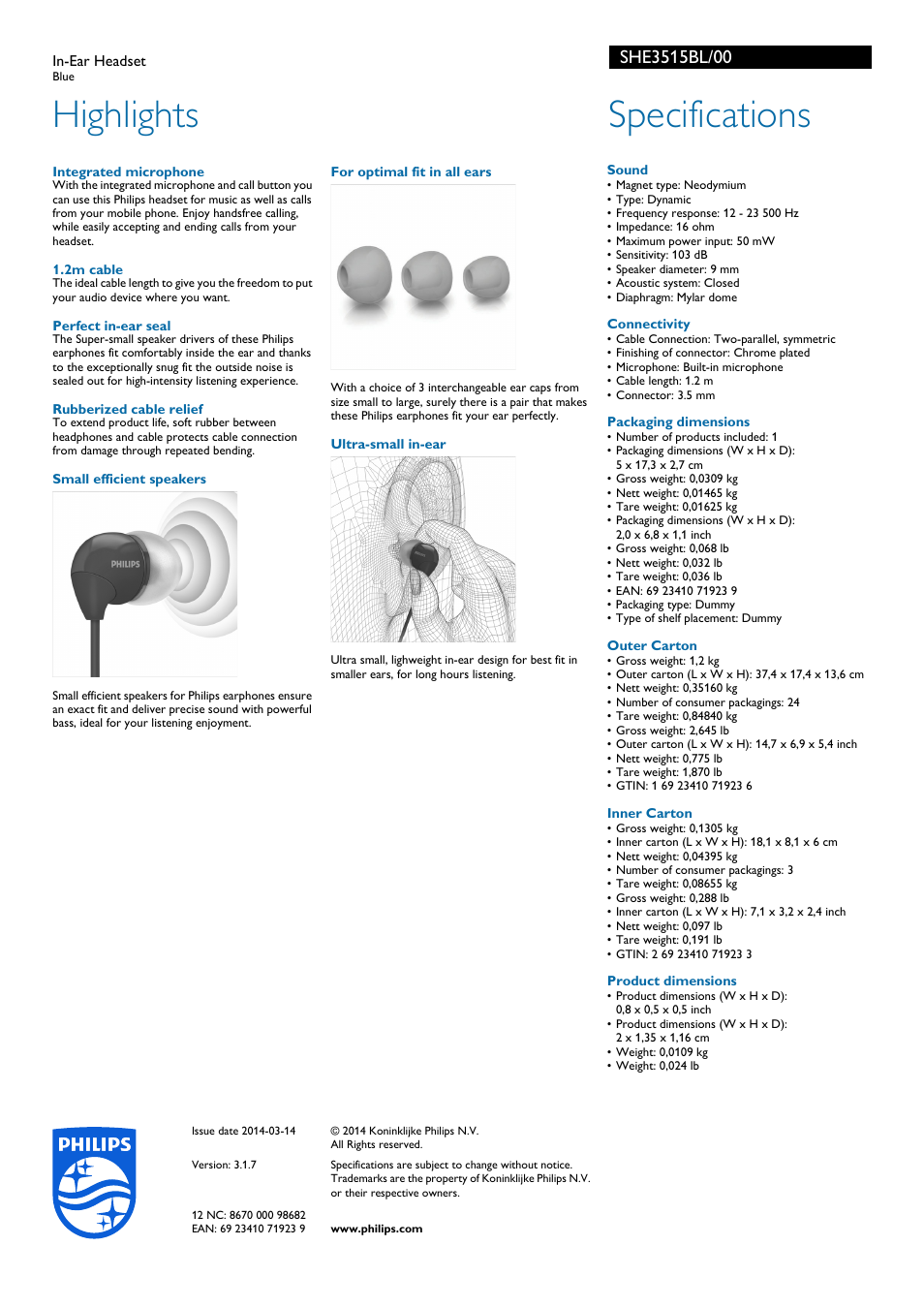 Highlights, Specifications | Philips SHE3515BL-00 User Manual | Page 2 / 2