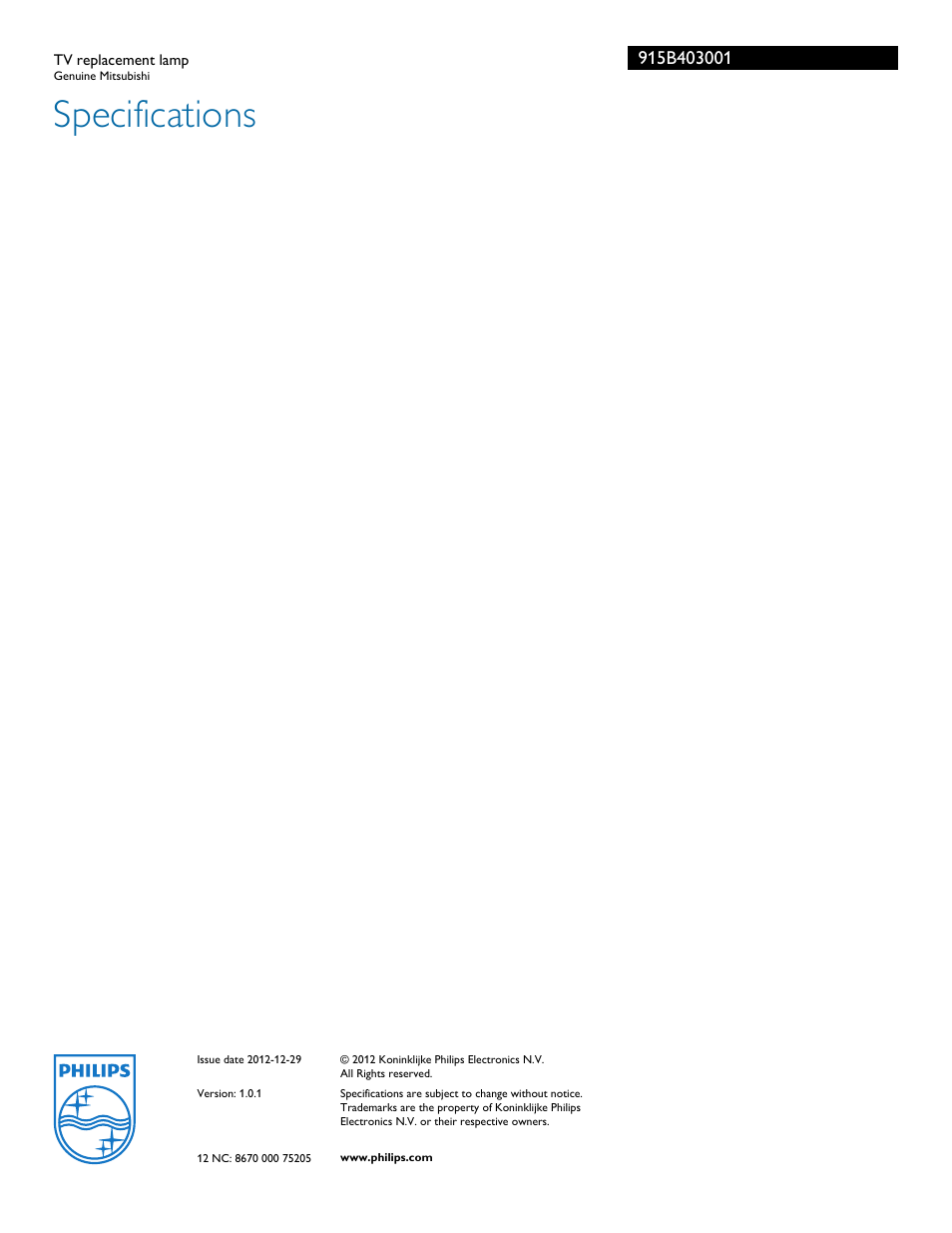 Specifications | Philips 915B403001 User Manual | Page 2 / 2