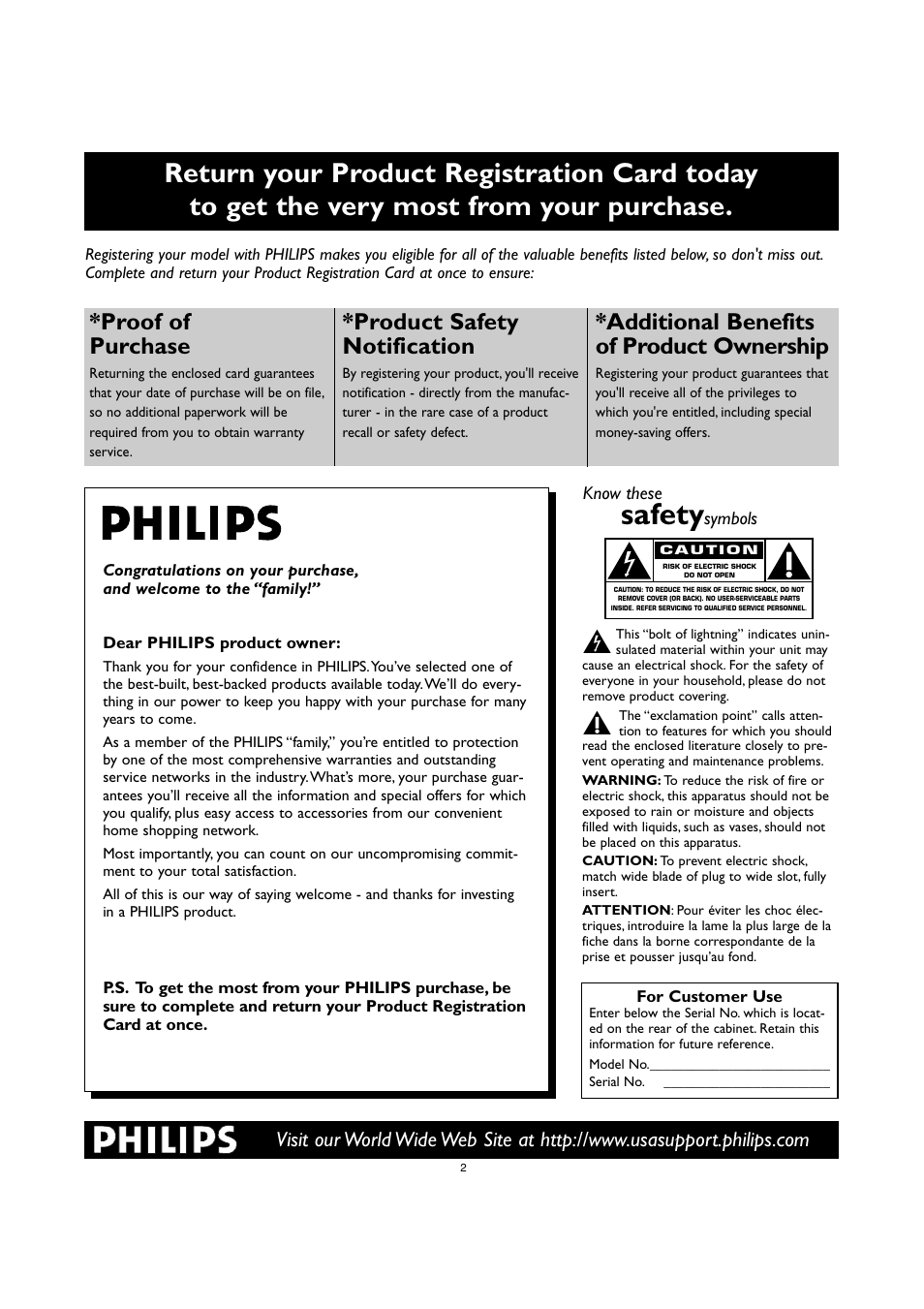 Safety, Proof of purchase, Product safety notification | Additional benefits of product ownership | Philips 30PW8420-37 User Manual | Page 2 / 33