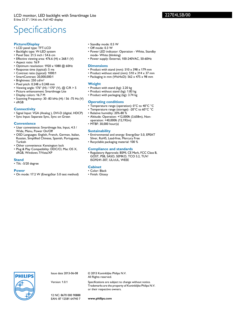 Specifications | Philips 227E4LSB-00 User Manual | Page 3 / 3