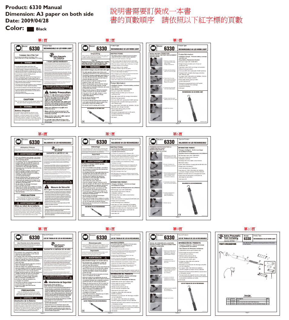 說明書需要訂裝成一本書 書的頁數順序 請依照以下紅字標的頁數, Color, Black | Mesure de sécurité, Advertencias de seguridad | Astro Pneumatic 6330 User Manual | Page 2 / 4