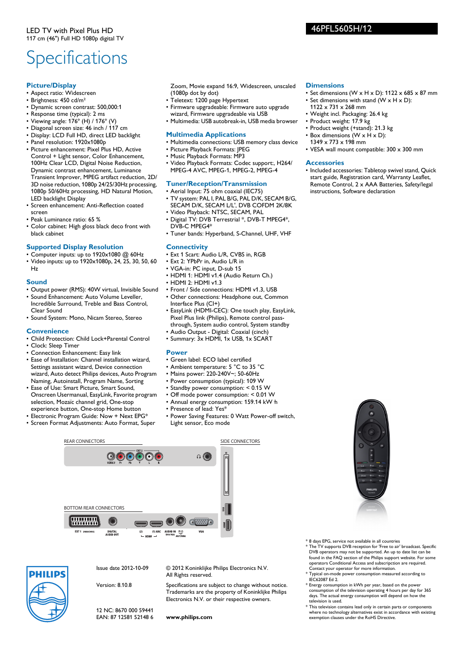 Specifications | Philips 46PFL5605H-12 User Manual | Page 3 / 3