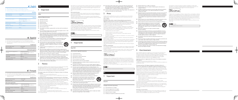 English, Español, Français | 1 important, 2 notice, 1 importante, 2 aviso, 2 avertissement, Safety, Seguridad | Philips DS1155-37 User Manual | Page 2 / 2