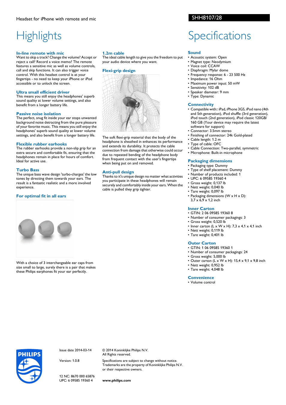 Highlights, Specifications | Philips SHH8107-28 User Manual | Page 2 / 2