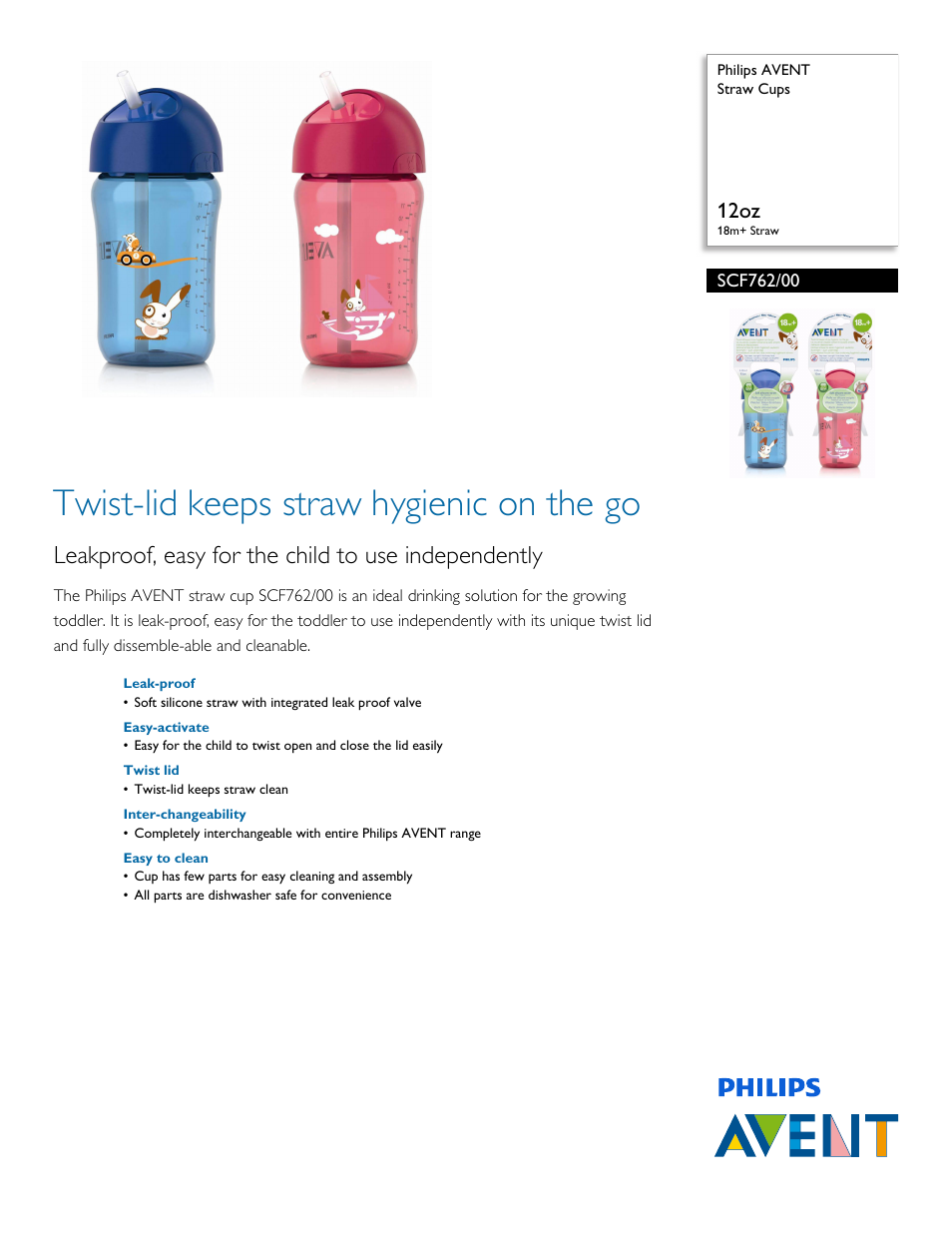 Philips AVENT Straw Cups SCF762-00 12oz 18m+ Straw User Manual | 2 pages