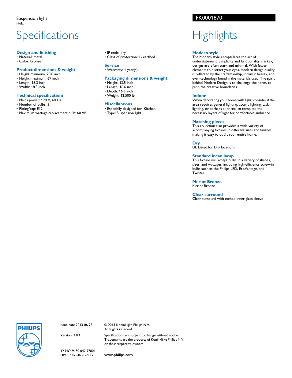 Specifications, Highlights | Philips FK0001870 User Manual | Page 2 / 2