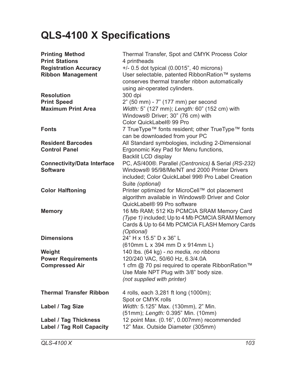 Qls-4100 x specifications | Astro Pneumatic 22834-464 User Manual | Page 103 / 118