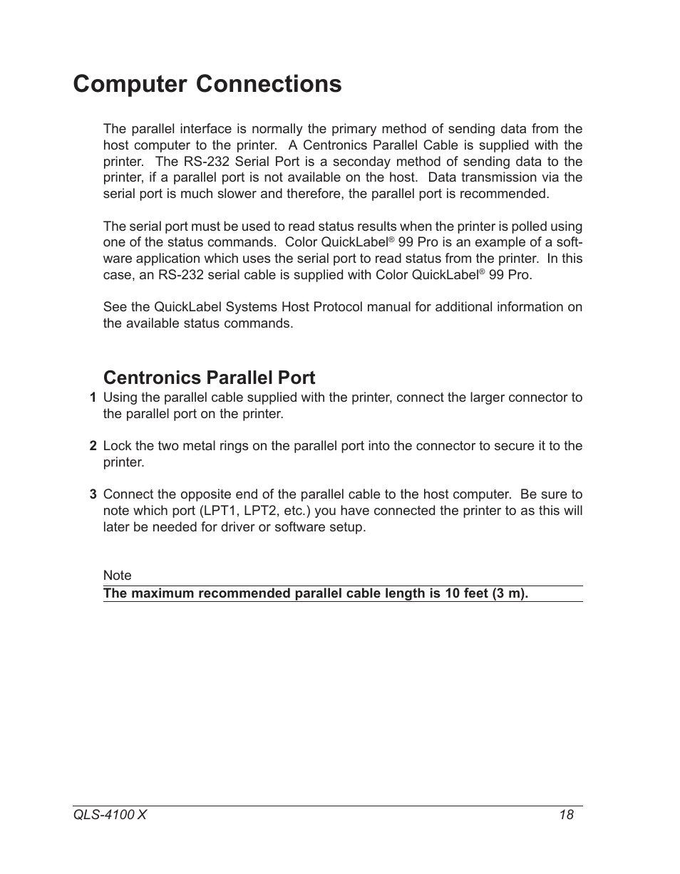 Computer connections, Centronics parallel port, Connect the host computer interface | Astro Pneumatic 22834-464 User Manual | Page 18 / 118