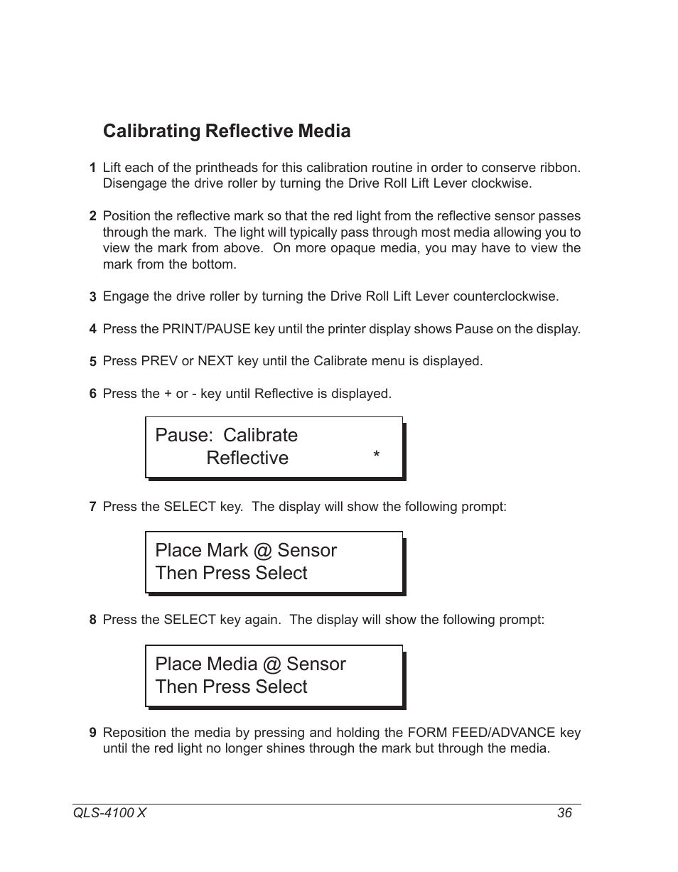 Calibrating reflective media, Place mark @ sensor then press select | Astro Pneumatic 22834-464 User Manual | Page 36 / 118