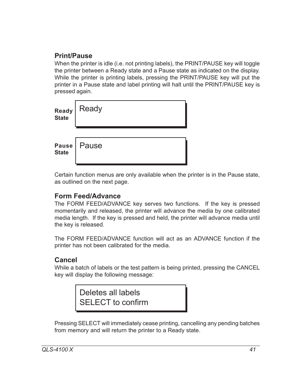 Print/pause, Form feed/advance, Cancel | Deletes all labels select to confirm ready pause | Astro Pneumatic 22834-464 User Manual | Page 41 / 118