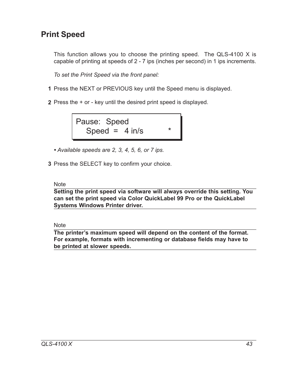 Print speed, Pause: speed speed = 4 in/s | Astro Pneumatic 22834-464 User Manual | Page 43 / 118