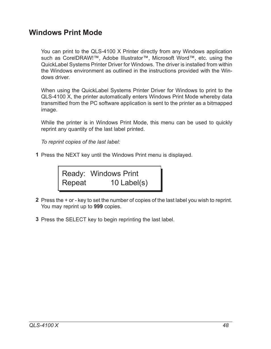 Windows print mode, Ready: windows print repeat 10 label(s) | Astro Pneumatic 22834-464 User Manual | Page 48 / 118