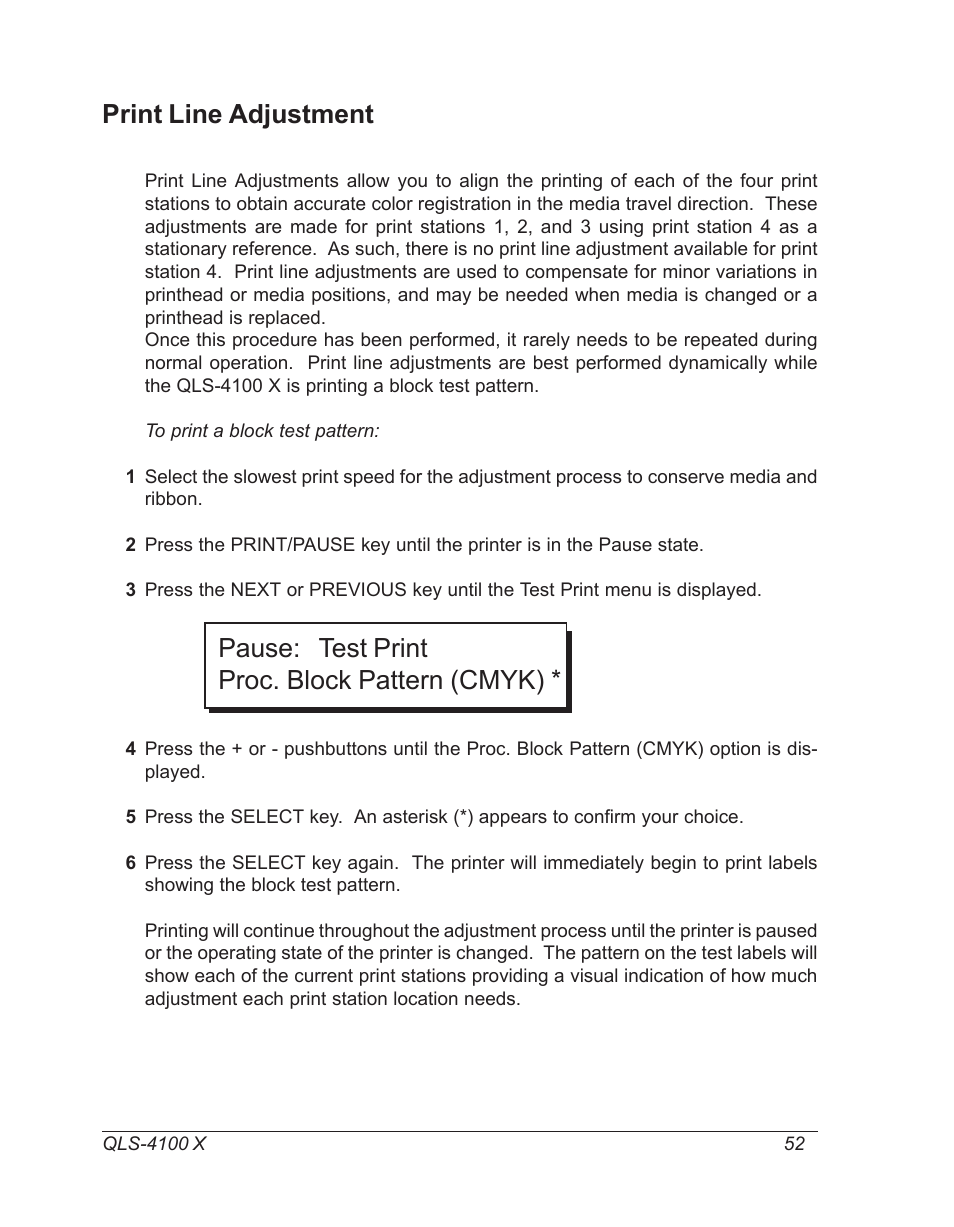 Print line adjustment, Pause: test print proc. block pattern (cmyk) | Astro Pneumatic 22834-464 User Manual | Page 52 / 118