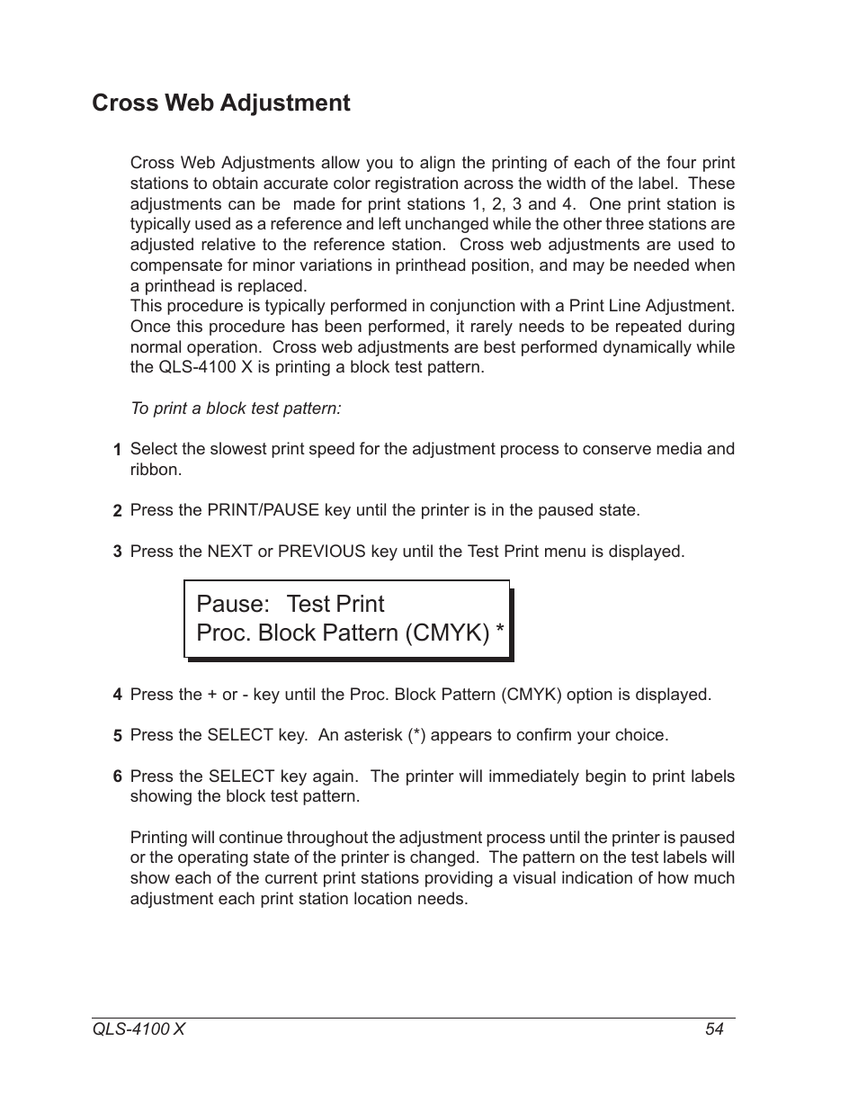 Cross web adjustment, Pause: test print proc. block pattern (cmyk) | Astro Pneumatic 22834-464 User Manual | Page 54 / 118